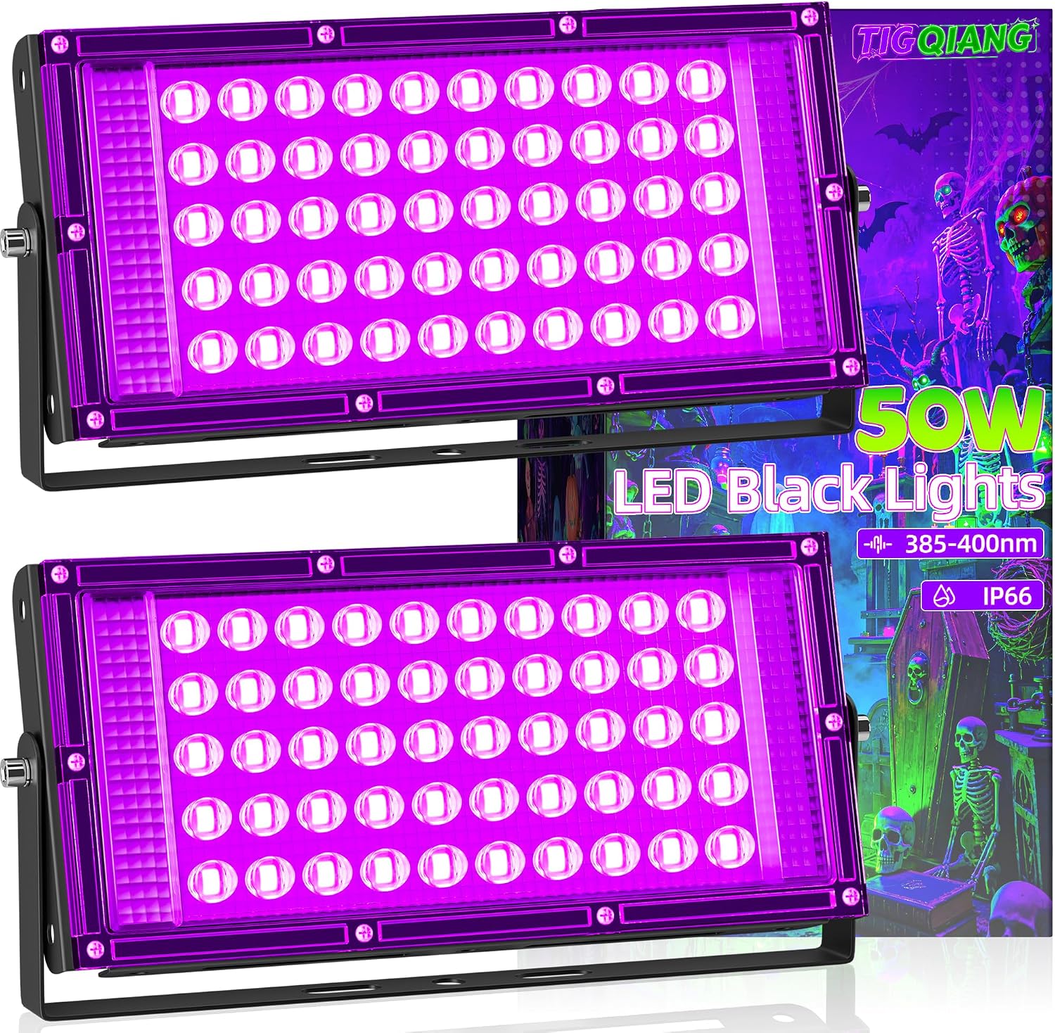Detalle de TigQiang TQ-FL-TJ-50W-2P Black Light Floodlights, 2-Pack, IP66