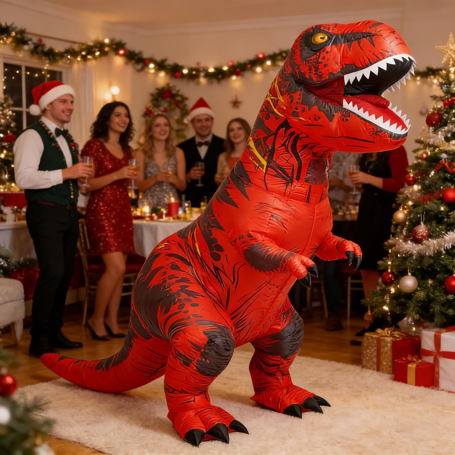 Detalle 2 de JASHKE Inflatable Dinosaur Costume Adult: Red T-Rex Suit for Halloween and Fancy Dress