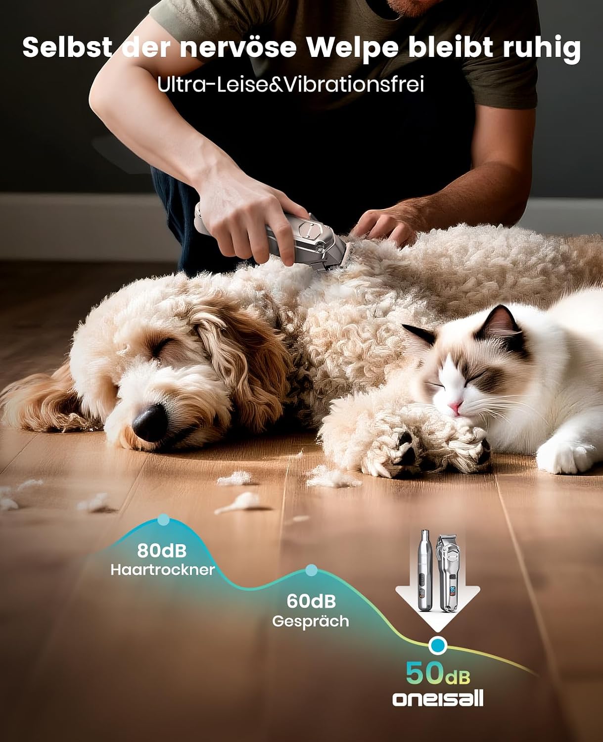 Detalle de oneisall 4-in-1 Hundeschermaschine für dickes Fell (leise Profi-Schermaschine, Pfotentrimmer & Nagelschleifer, 4h Akku)