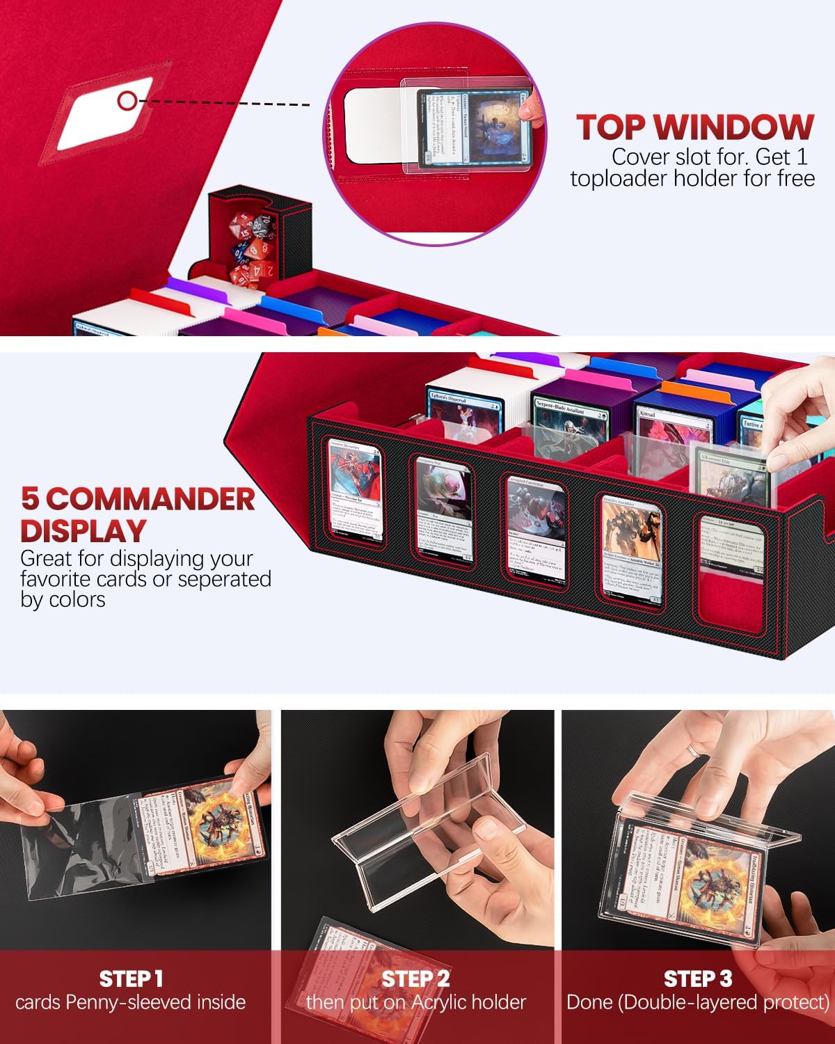 Thumbnail 2 de Trading Card Storage Box: 5-Row Deck Case with Commander Display and Portable Handle