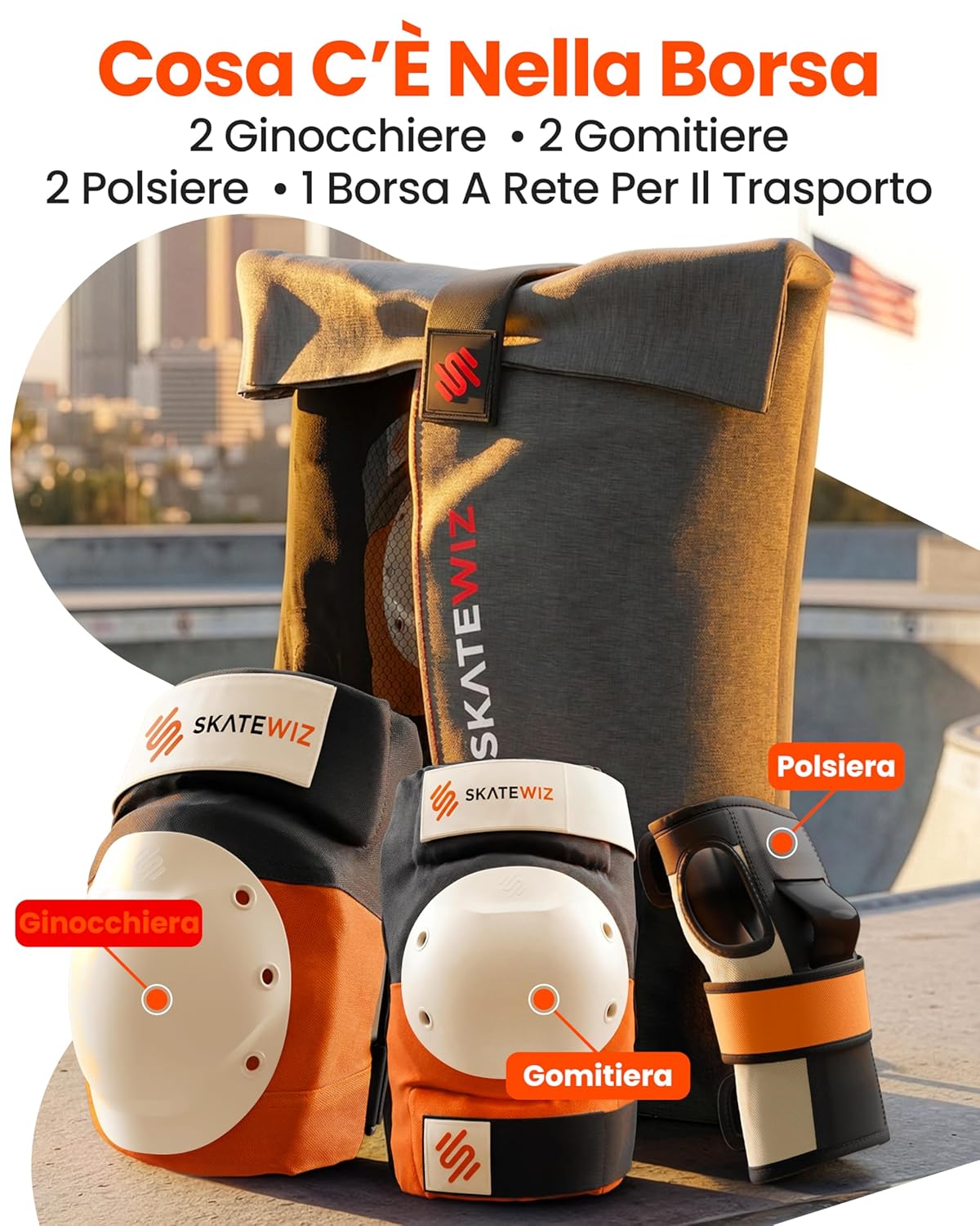 Thumbnail 6 de SKATEWIZ SHIELD Set Protezioni Adulto – Ginocchiere, Gomitiere e Polsi per Inline, Skateboard, BMX e Pattini a 4 Ruote / Taglia L / Alba Arancione