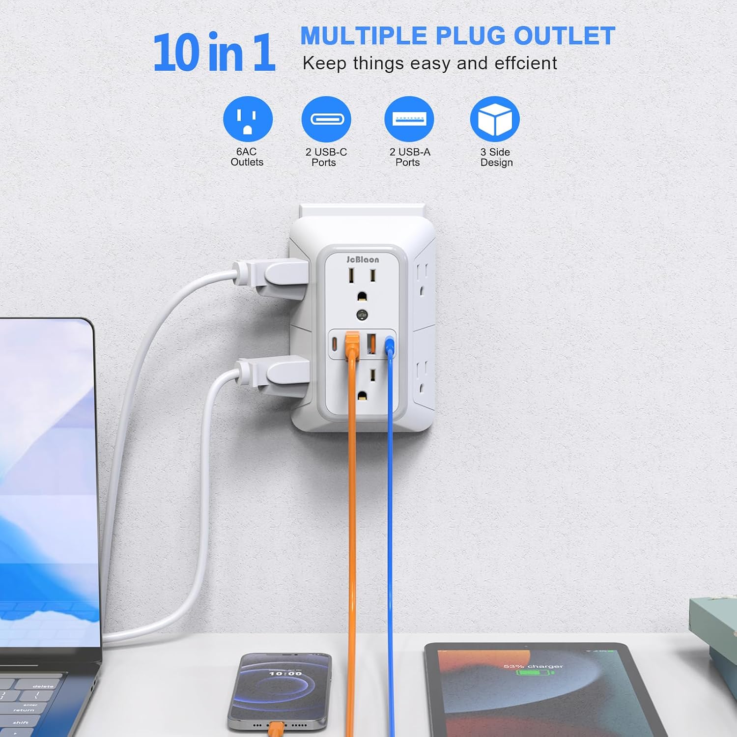Detalle 2 de JcBlaon MP-XPYK-SIT0 Surge Protector Outlet Extender, 6 Outlets, 4 USB Ports