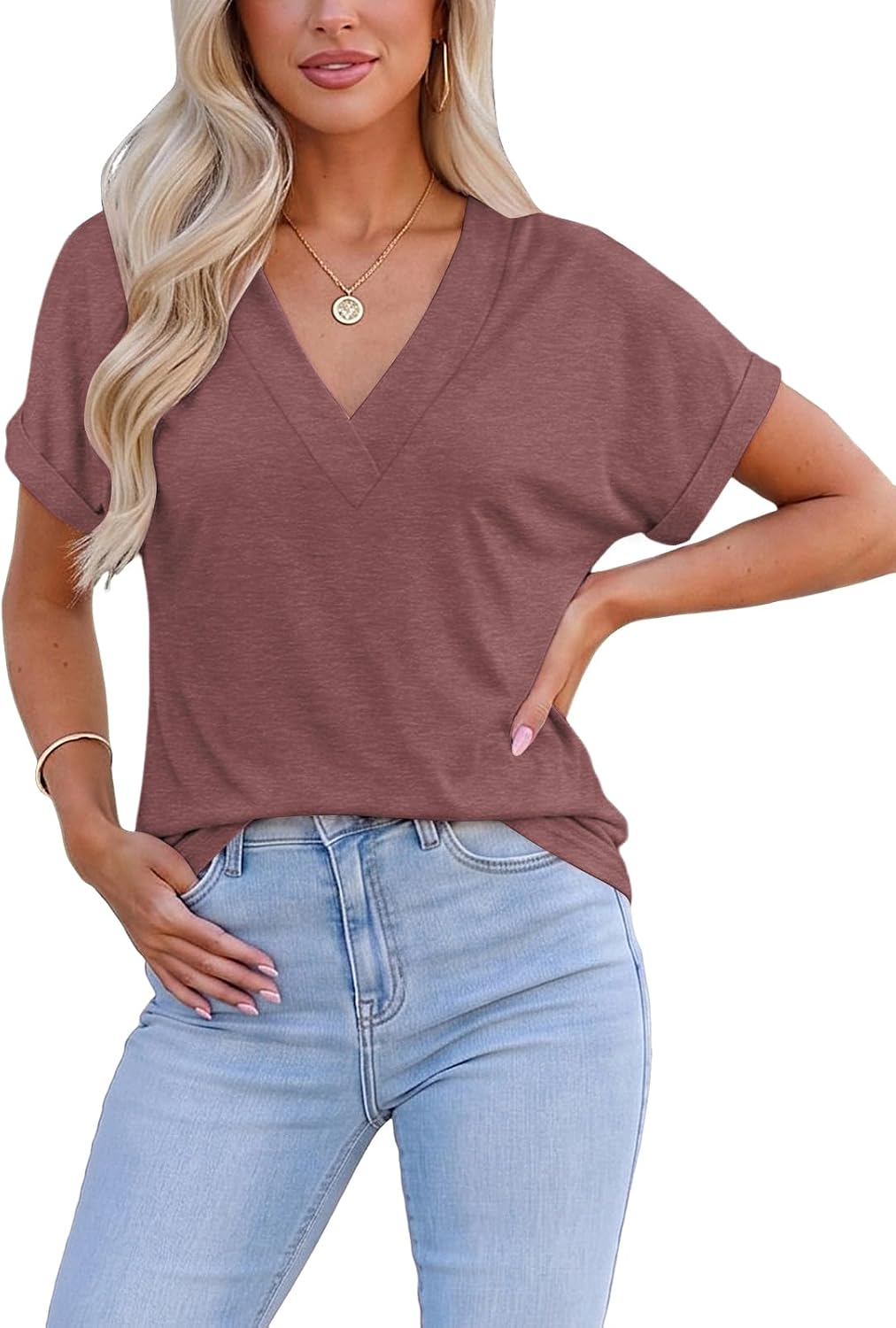 Detalle de Cuptacc Damen T-Shirt, Kurzarm V-Ausschnitt – locker & elegant