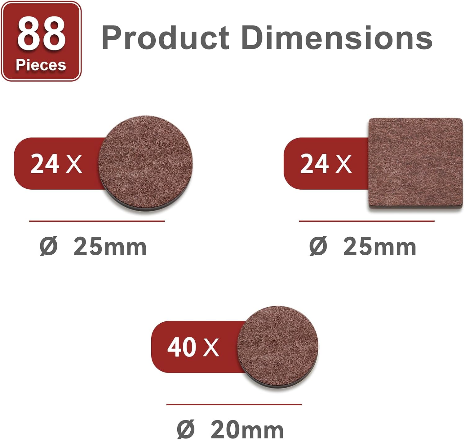 Detalle de GICUNK D01 vilten meubelglijders, 88 stuks, 4 mm, bruin en zelfklevend