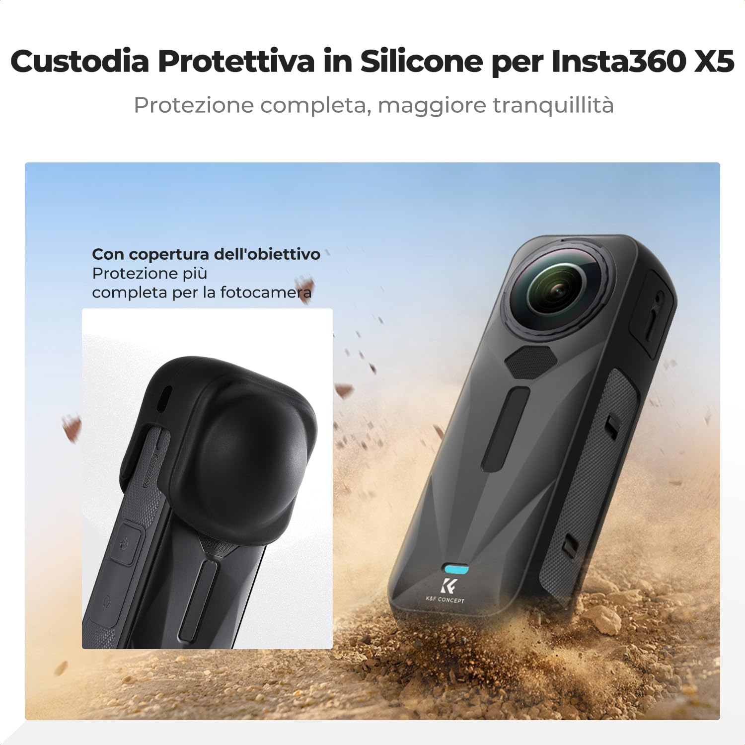Detalle de K&F Concept Custodia in Silicone Nero per Insta360 X5 – protezione morbida con copriobiettivo incluso