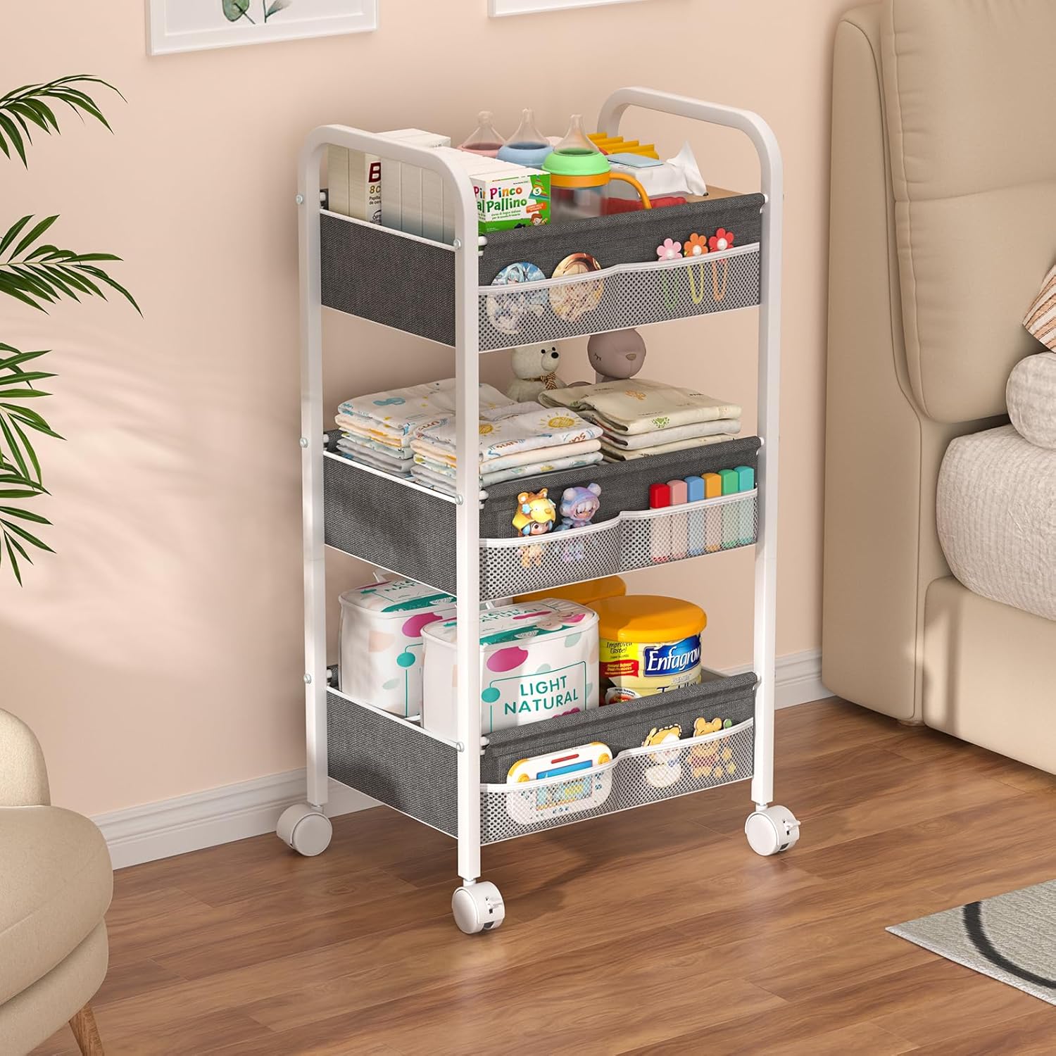 Detalle de Baby Diaper Caddy Rolling Utility Cart, 3-Tier Nursery Organizer in White