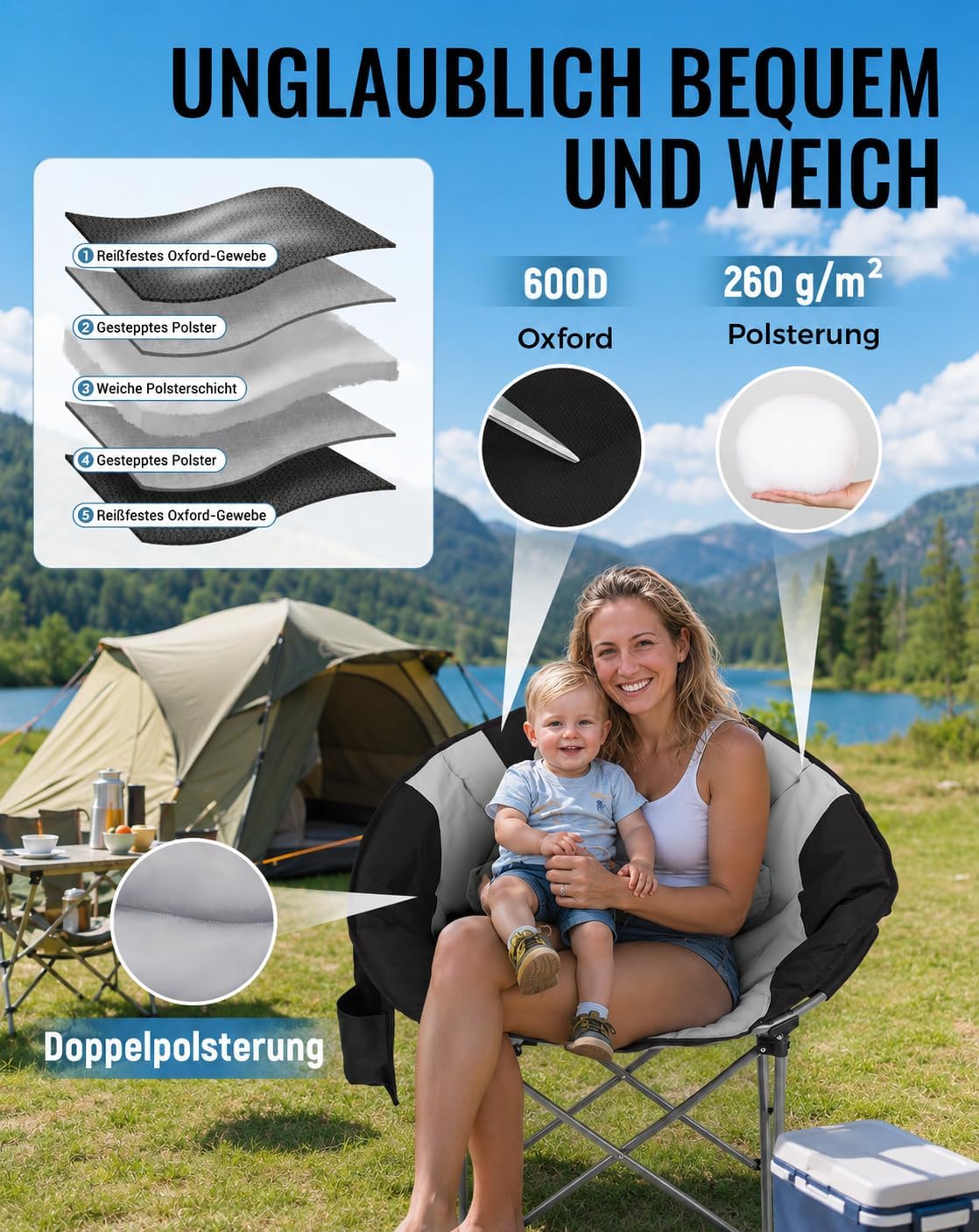 Thumbnail 6 de KingCamp Moonchair XXL – Faltbarer Liegestuhl mit Rückenlehne, 150 kg Belastbarkeit, Kühlfach und Getränkehalter