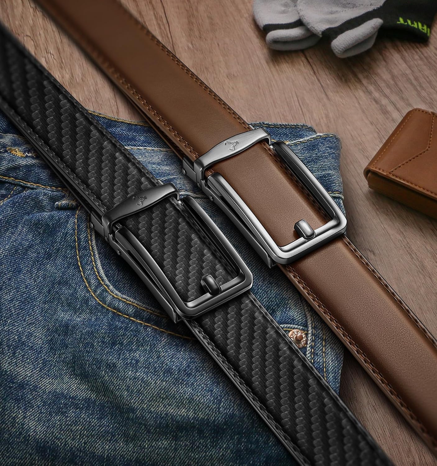 Detalle 2 de BULLIANT Herren Gürtel 2er-Set mit Ratsche Automatikschließe, 35 mm Ledergürtel (verstellbar) inkl. Geschenkbox