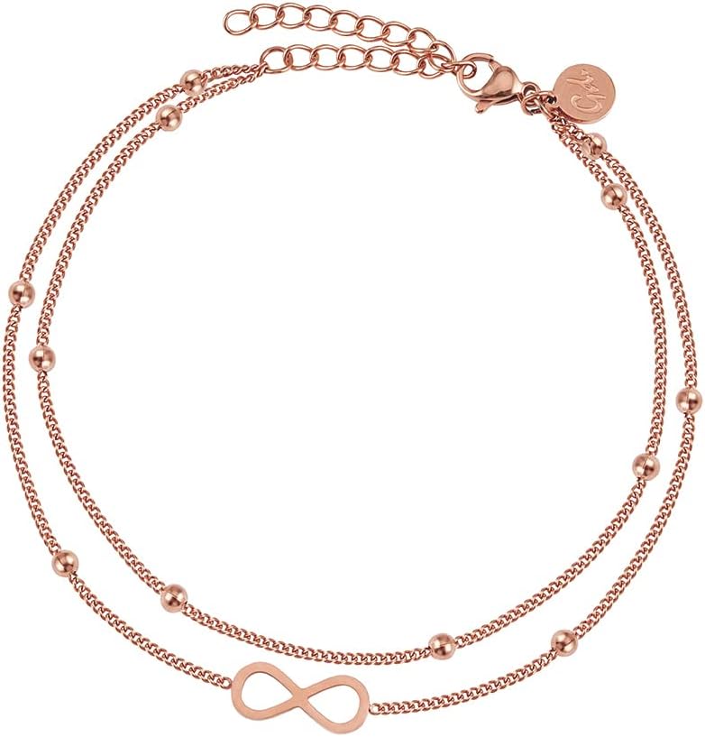 Detalle de GD GOOD.designs Infinity-Fußkettchen – verstellbar, wasserfest, 316L Edelstahl in Silber, 18K Rosévergoldung oder Goldoptik