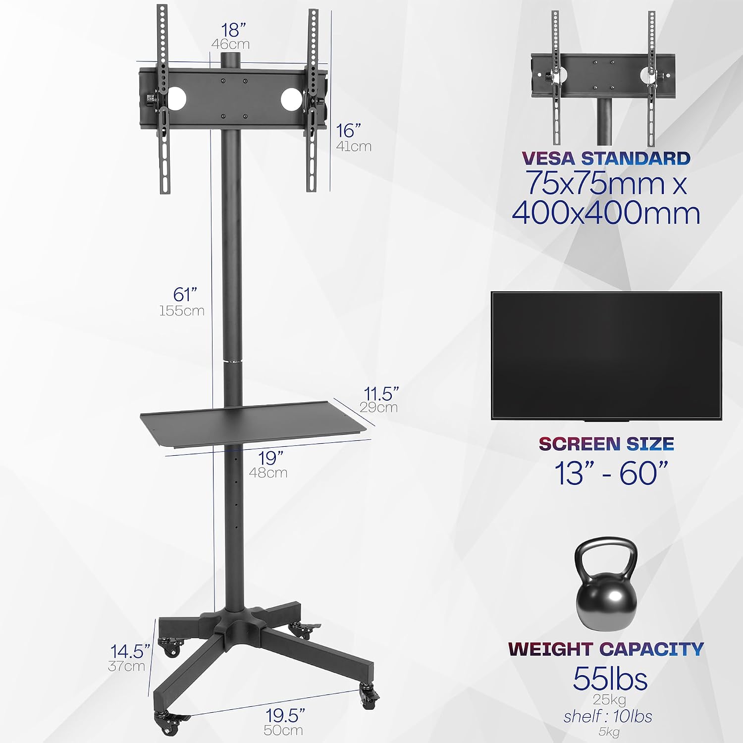 Detalle 2 de VIVO STAND-TV04M Mobile TV Cart for 13–60-Inch Screens, Tilt and Utility Shelf