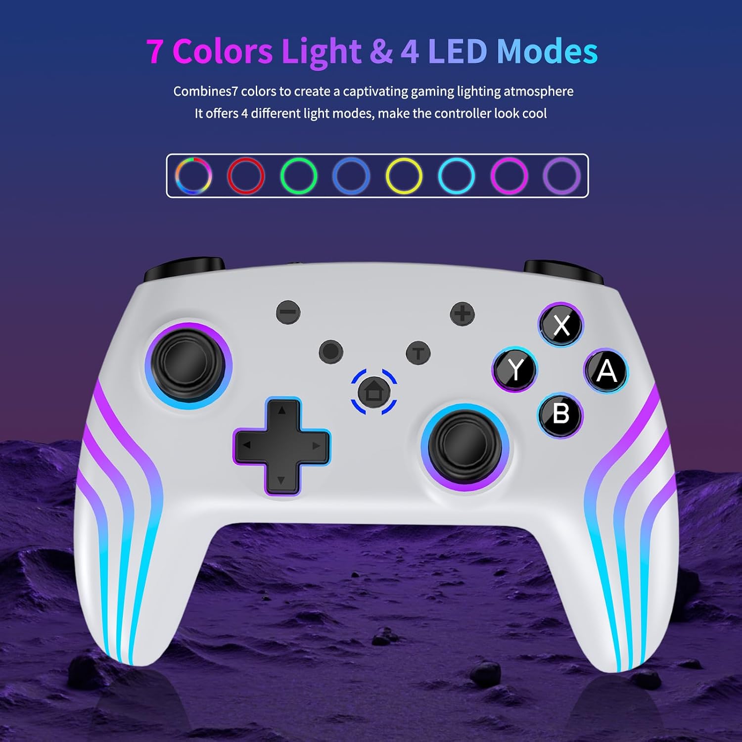 Detalle 2 de Manette Sans Fil 2pcs pour Switch (compatible Switch, Switch 2, Lite, OLED) avec éclairage RGB, double vibration, gyroscope 6 axes et Turbo – blanc+noir