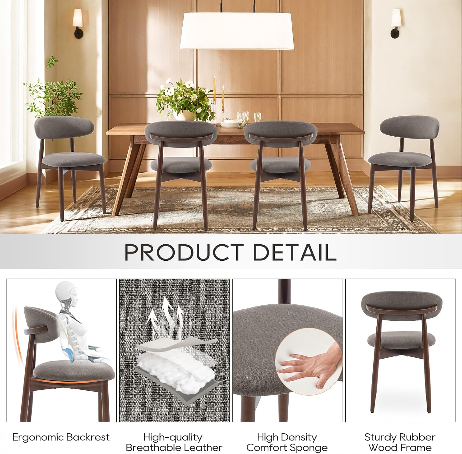 Detalle de COLAMY D6270US Wooden Dining Chairs, Set of 4, Taupe Fabric Upholstery