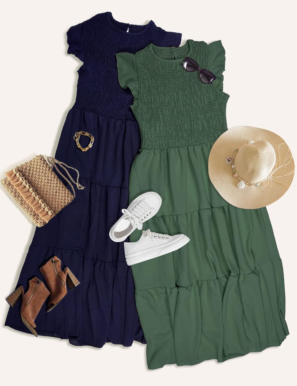 Detalle de Yuson Girl Damen Sommerkleid mit gesmokter Taille, Flatterärmeln und gerafftem Rock