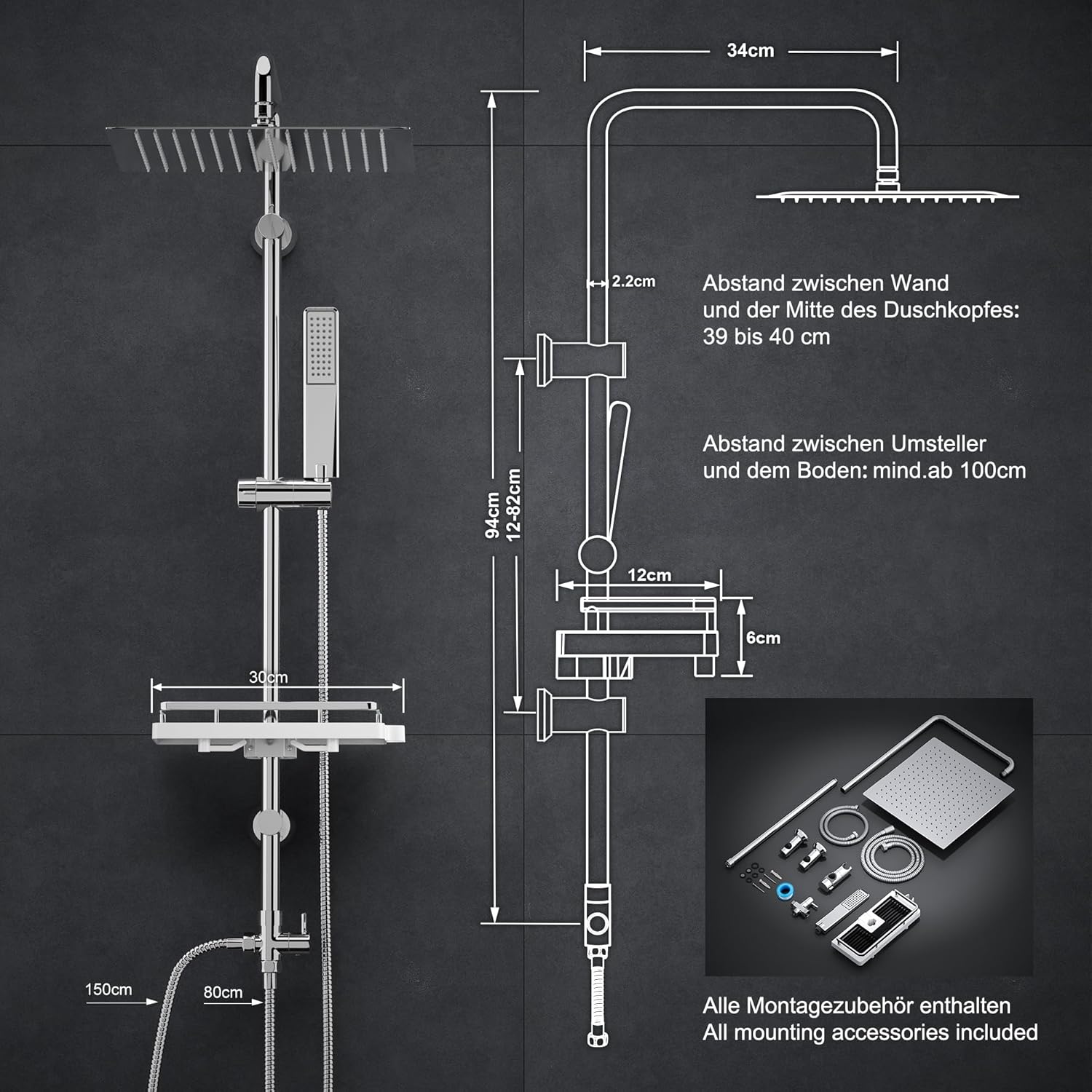 Thumbnail 6 de Görbach colonna doccia in acciaio inox senza miscelatore con soffione a pioggia, doccetta e mensola 20×20 quadrato