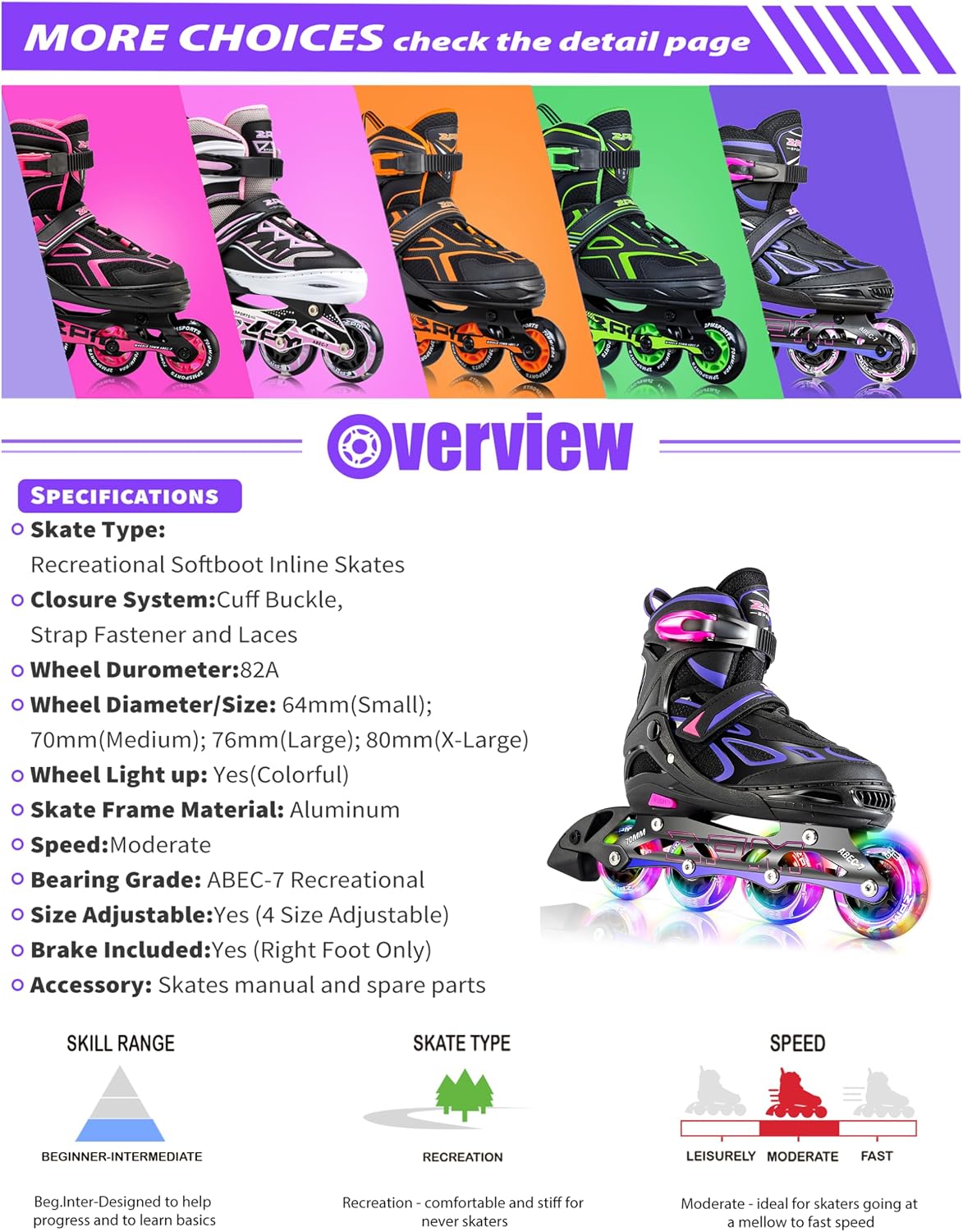 Detalle 1 de 2PM SPORTS 2PM-6006 Adjustable Inline Skates, Light-Up Wheels and Aluminum Frame