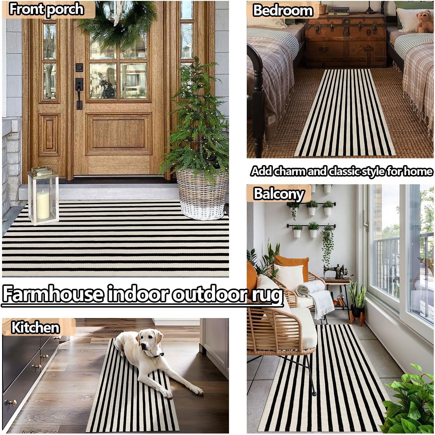 Detalle 1 de Rustaa STRIPED Handwoven Door Mat, 2 ft x 4.2 ft, Black and Beige