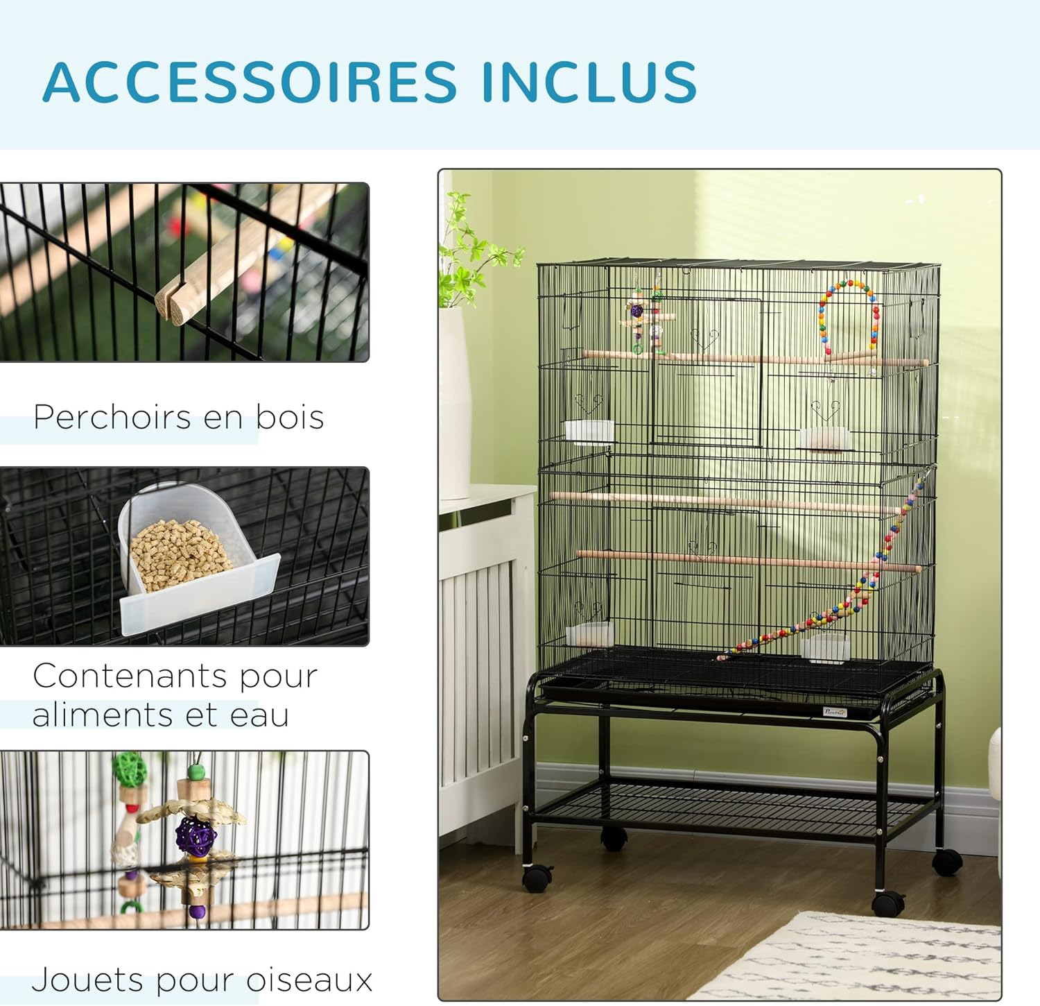 Detalle de PawHut Cage à Oiseaux avec Support à Roulettes – Volière Grande Taille 79x49x133 cm (Perruche/Canari), 10 Portes, Espacement 1 cm, Noir