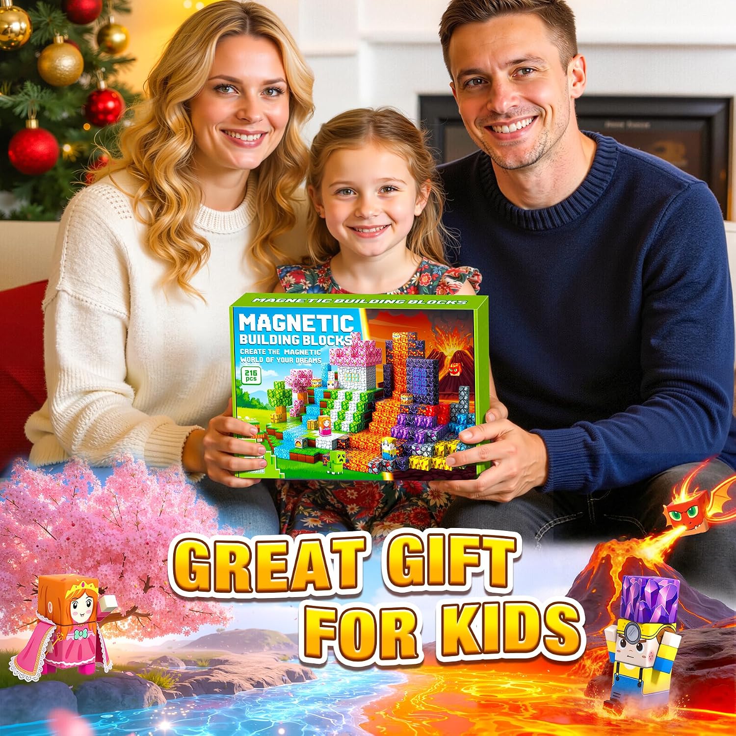 Detalle de LUVTOY Costruzioni Magnetiche per Bambini – Set da 216 pezzi con temi Magma Scuro e Prateria