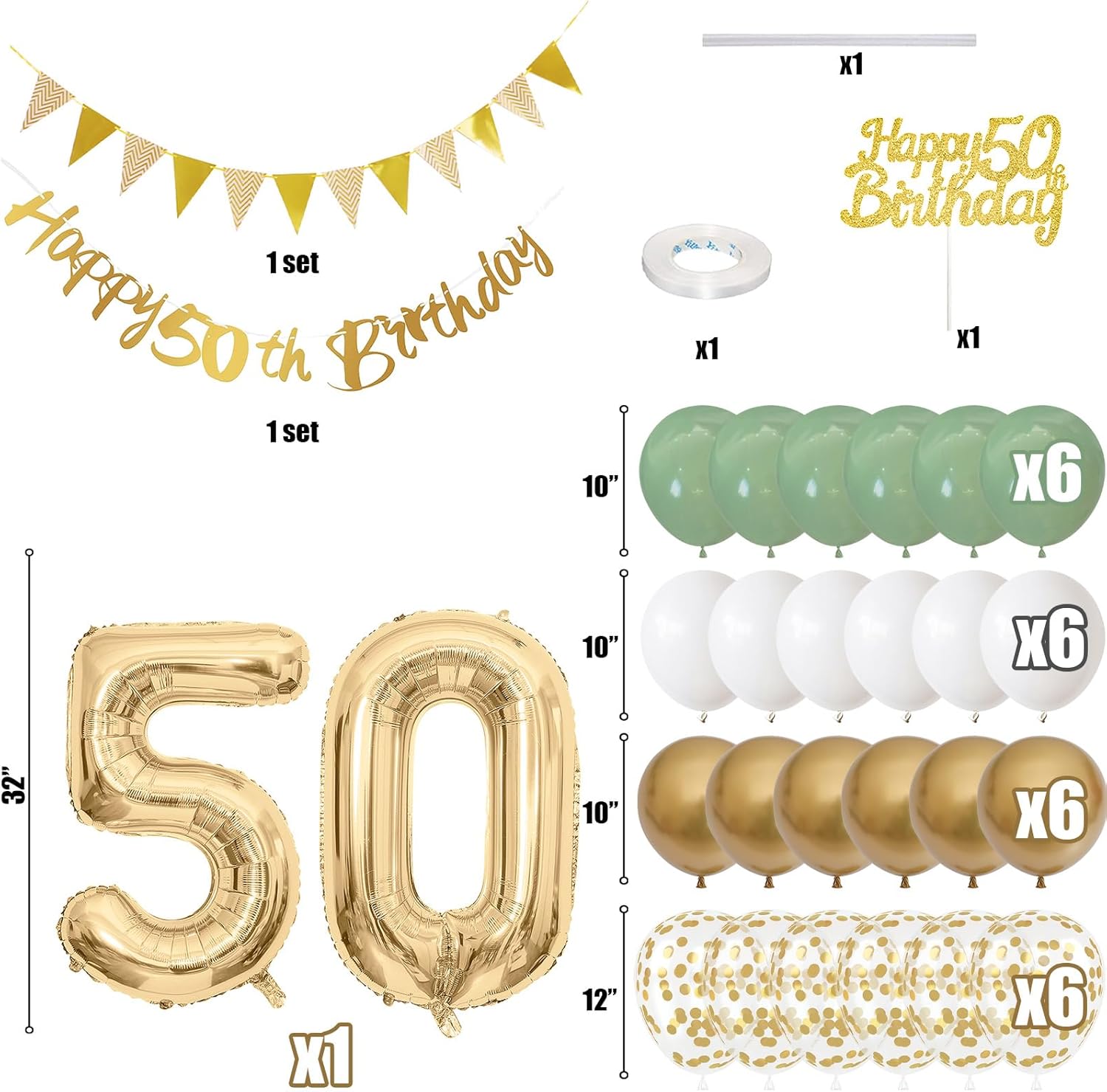 Detalle 2 de 50th Birthday Decorations for Men and Women in Sage Green, White, and Gold