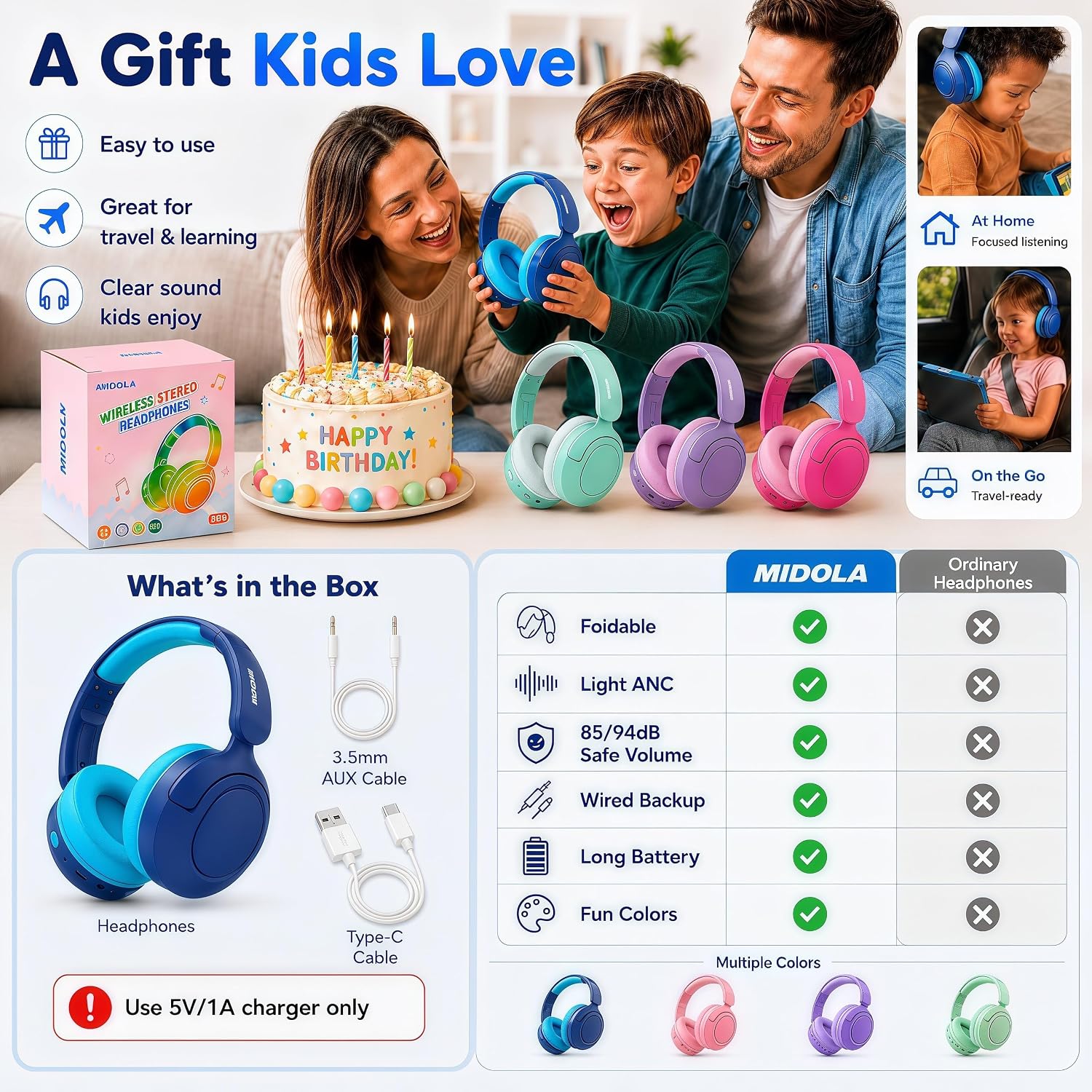 Thumbnail 5 de MIDOLA Kids Bluetooth Headphones with Active Noise Cancelling and Volume Limiting
