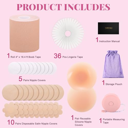 Detalle 2 de Kit Boob Tape Remonte Sein Adhésif Forte – Tripetals, bande poitrine hypoallergénique avec protège-tétons et ruban invisible (A-G)