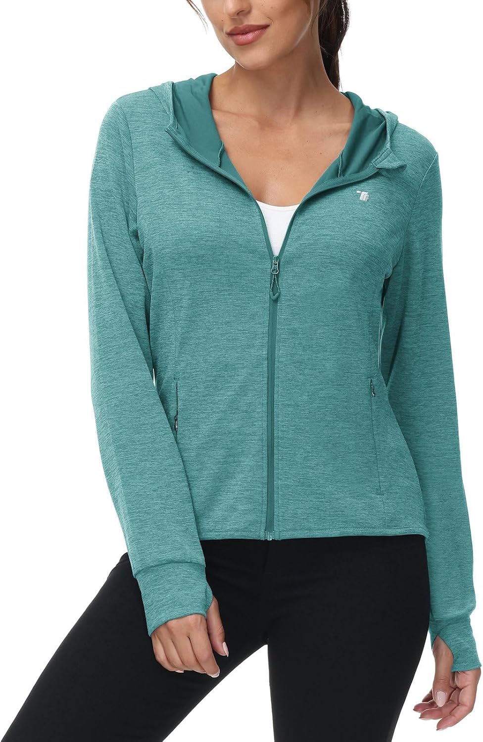 Detalle de Rdruko Damen-Laufjacke mit Kapuze UPF50+ – Vollreißverschluss, 4 Taschen, leicht & atmungsaktiv