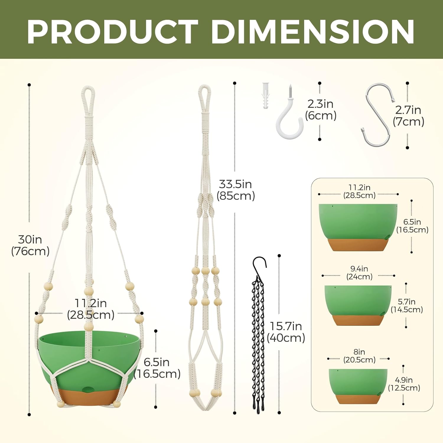Detalle 2 de Bamworld 3-Pack Macramé Plant Hangers with Chain – self-watering hanging planters with drainage holes