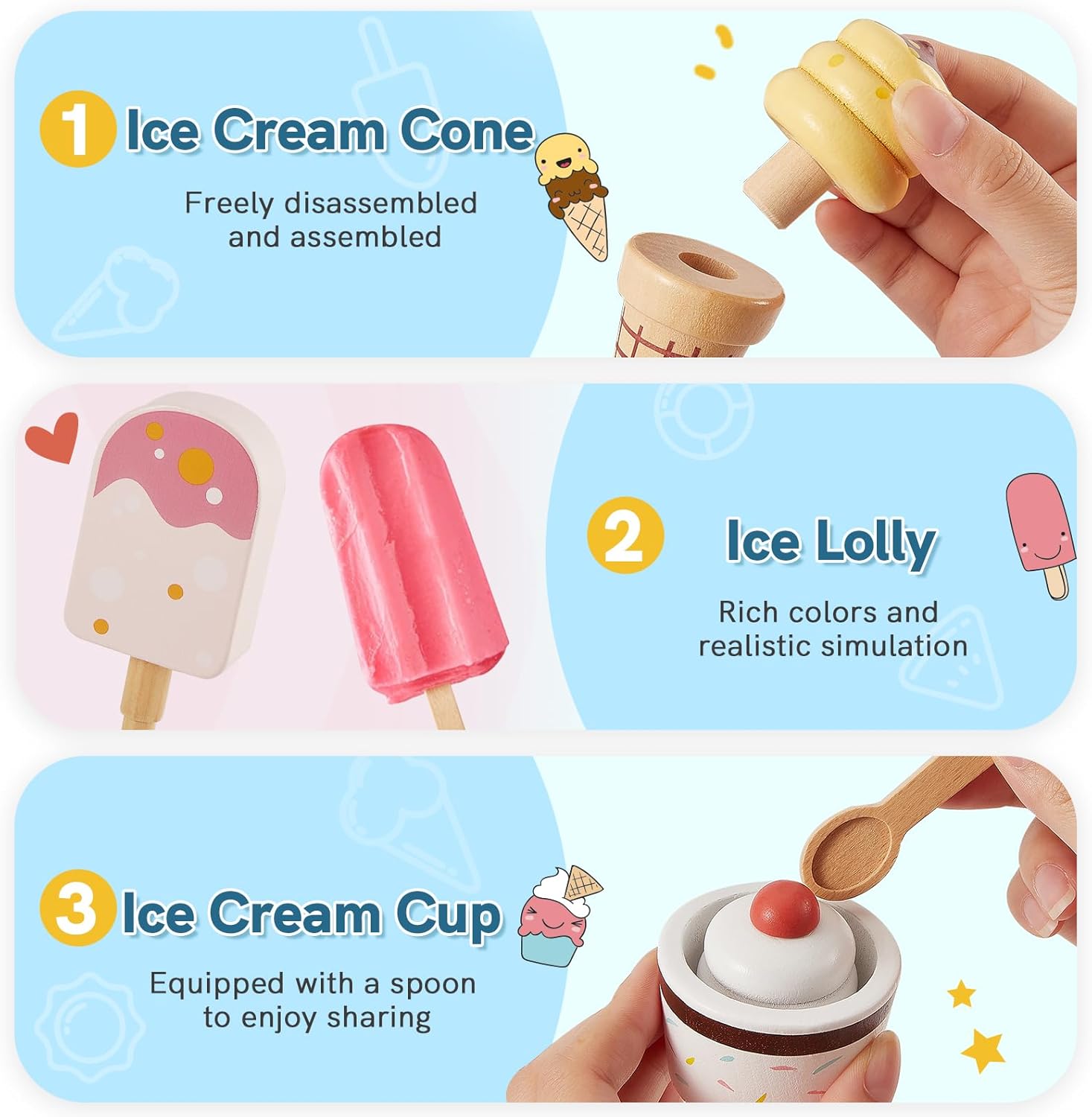 Detalle 2 de HERSITY Eiscreme-Set Kinder aus Holz mit Eis am Stiel zum Stapeln (blau) – Spielzeug für Rollenspiele ab 3 Jahren