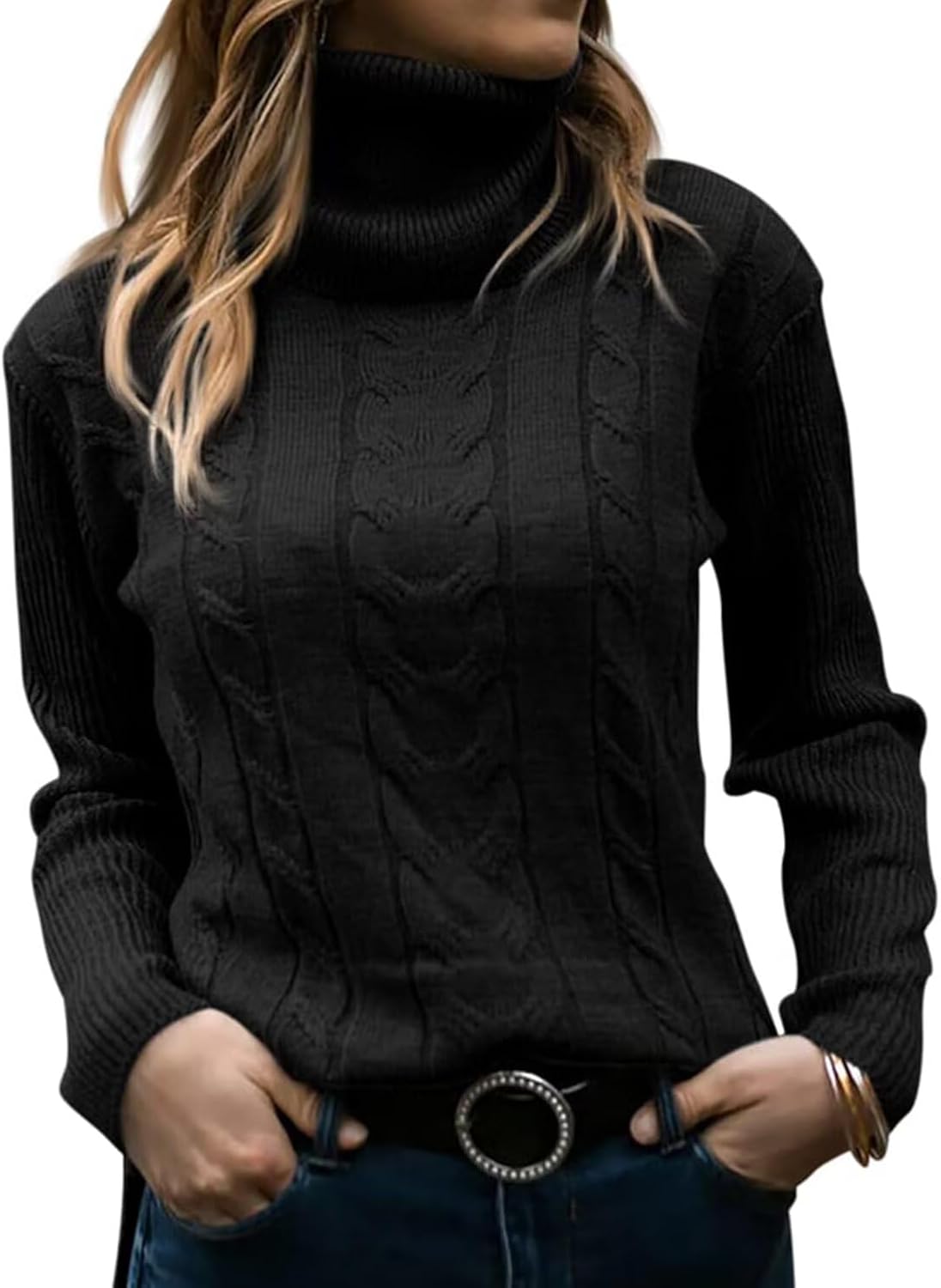Detalle de JOCAFIYE Women's Cable-Knit Turtleneck Sweater, Long Sleeve, Stretch Fit