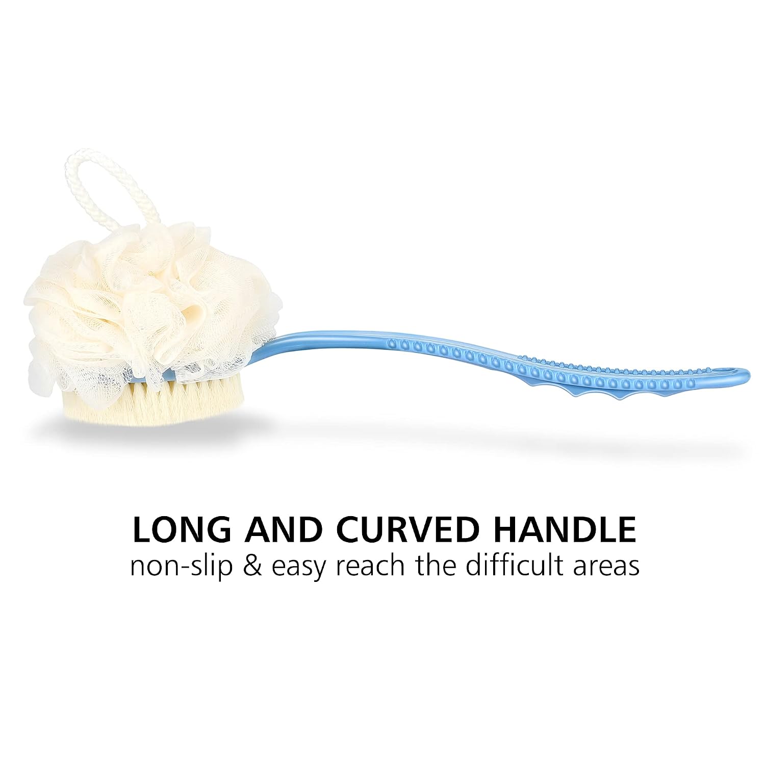 Detalle de MUNTI 2-in-1 Shower Back Scrubber: Bristle + Loofah with Curved Long Handle (Blue)