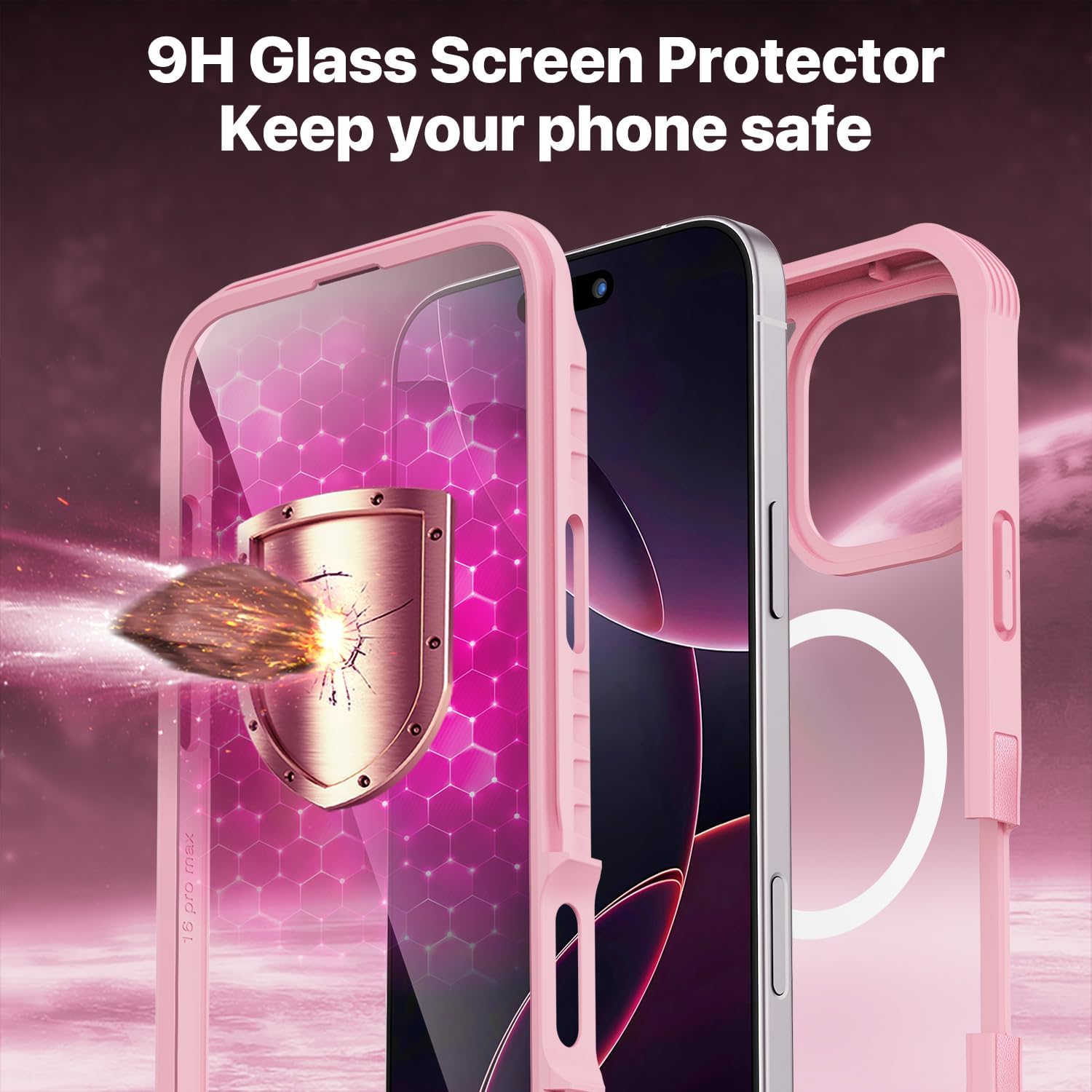 Thumbnail 2 de CENHUFO iPhone 16 Pro Max case with built-in 9H glass screen protector, camera lens protector and MagSafe support (Pink)