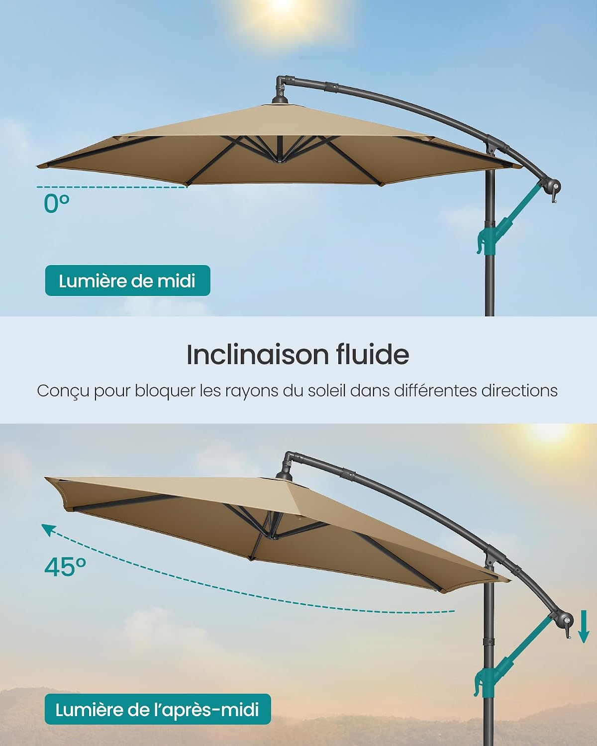 Detalle 2 de SONGMICS Parasol Déporté avec Socle en Croix – 300 cm, UPF 50+, manivelle et base en X