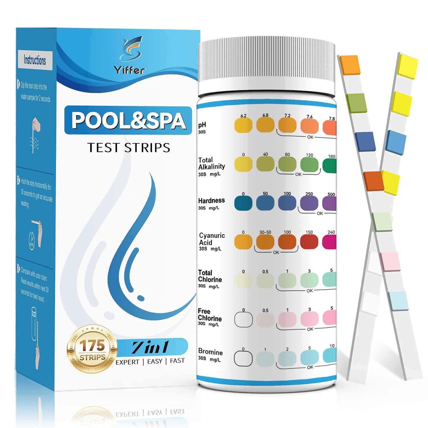 Detalle de Yiffer 175-Count 7-Way Pool Test Strips for Pools, Hot Tubs and Spas