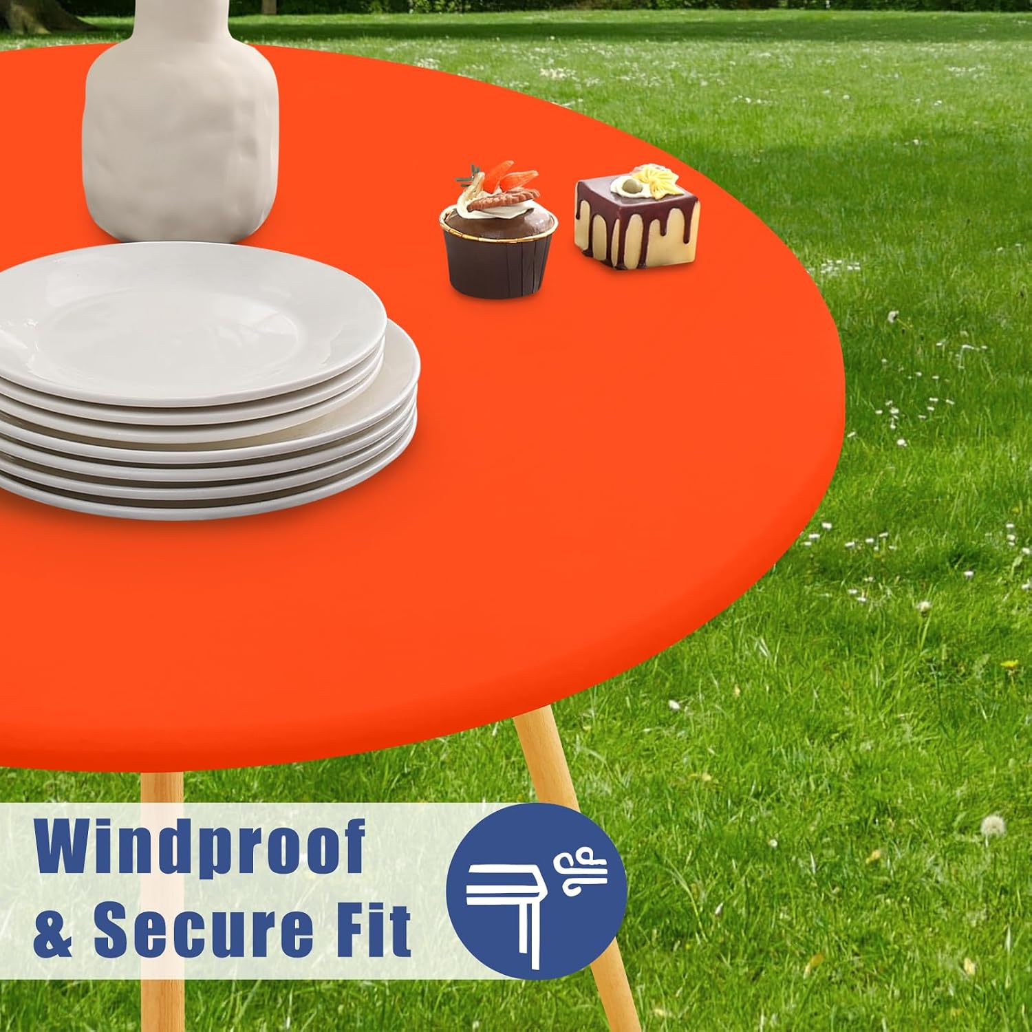 Detalle de Moosfor Round Spandex Tablecloth: Elastic, Waterproof Fitted Cover for 31–35 inch Tables (Orange)