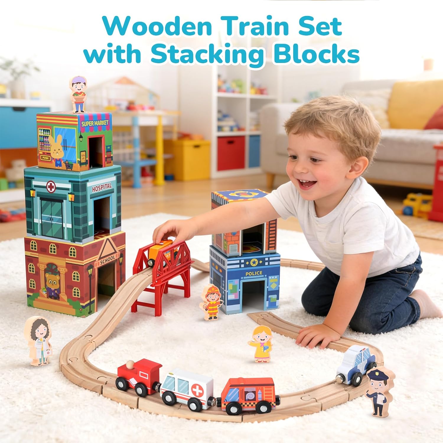 Detalle de Wooden Train Set with 23 Tracks
