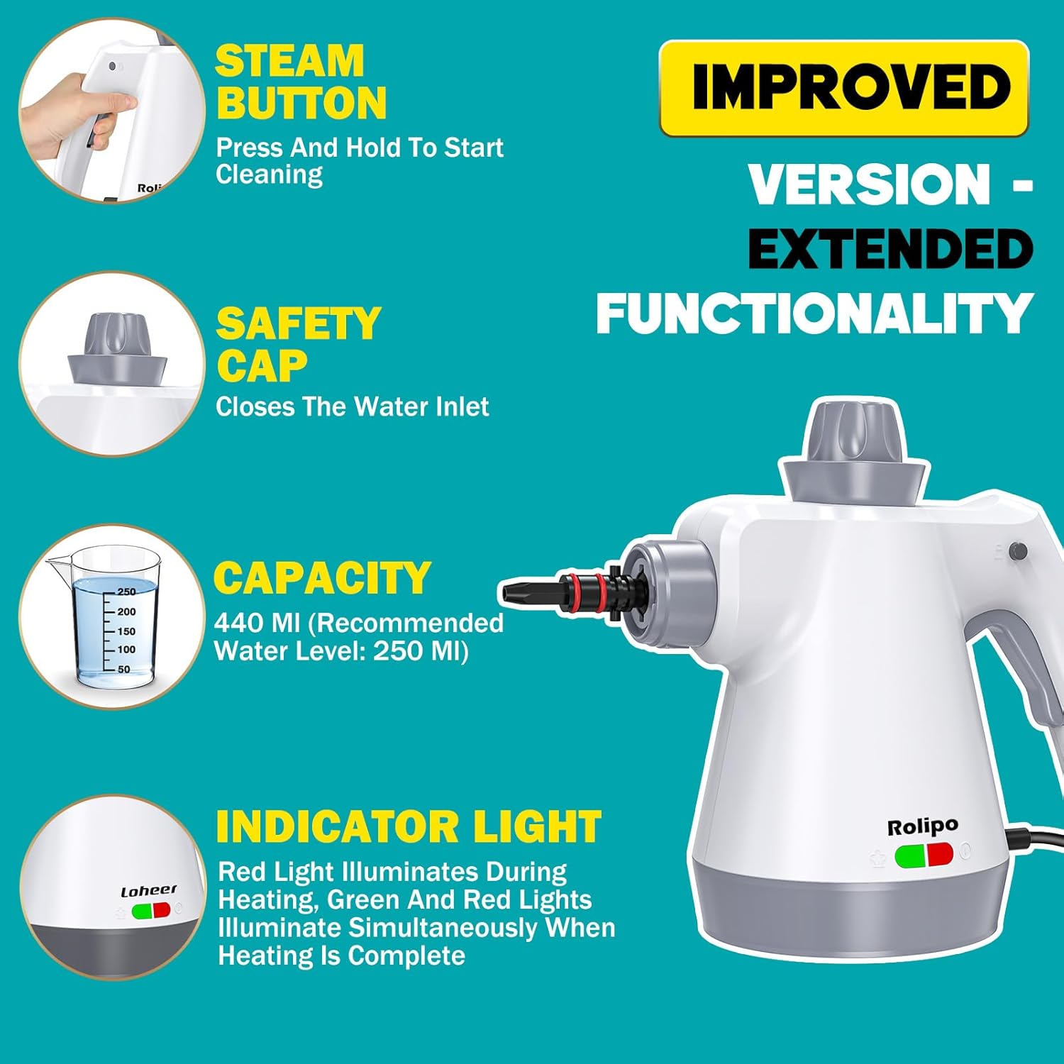 Thumbnail 2 de Rolipo Handheld Steam Cleaner (1050W) with 12 Accessories & Safety Lock