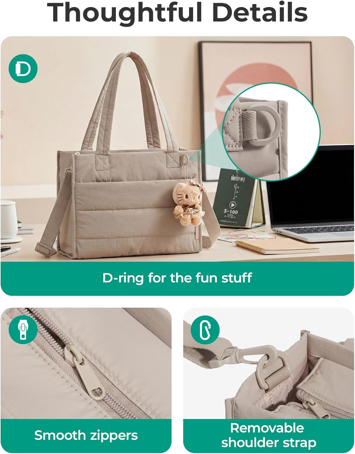 Thumbnail 4 de bagsmart 14-Inch Laptop Bag for Women: Lightweight Quilted Work Tote with Detachable Crossbody Strap