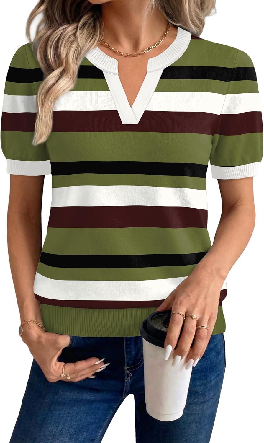 Thumbnail 1 de WIHOLL Short Sleeve Sweater Tops: 2026 Spring/Summer V-Neck Knit for Business Casual