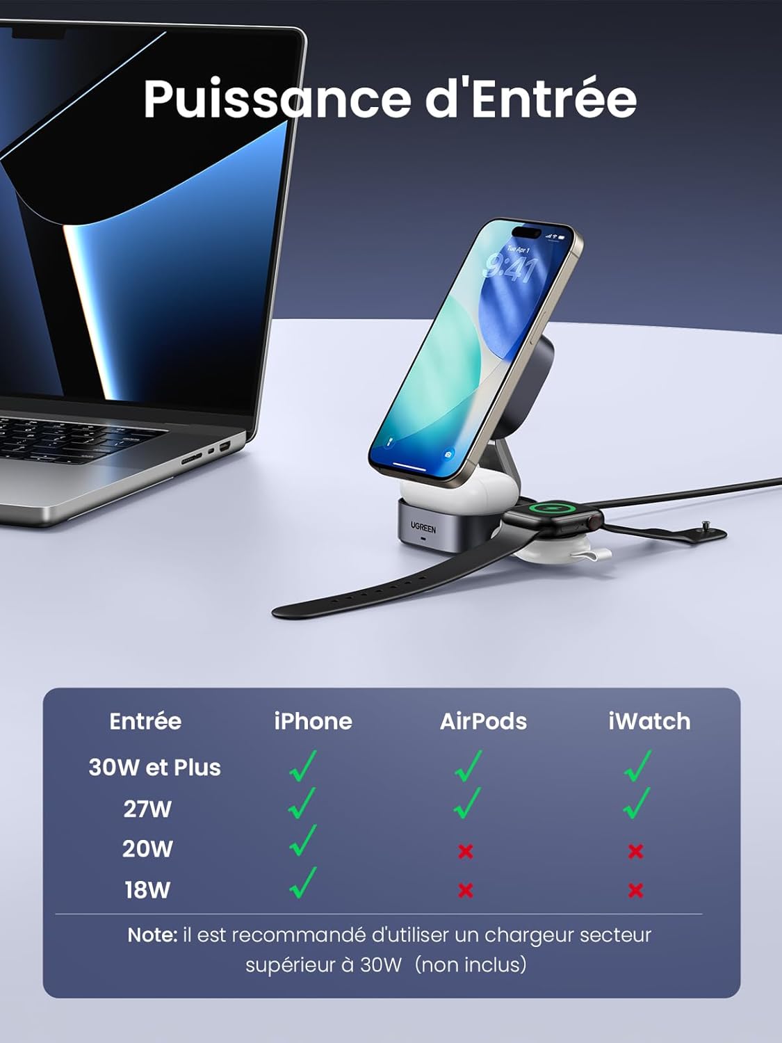 Detalle de UGREEN MagFlow Qi2 15W Chargeur Induction 2 en 1 – MagSafe et AirPods, pliable et ajustable