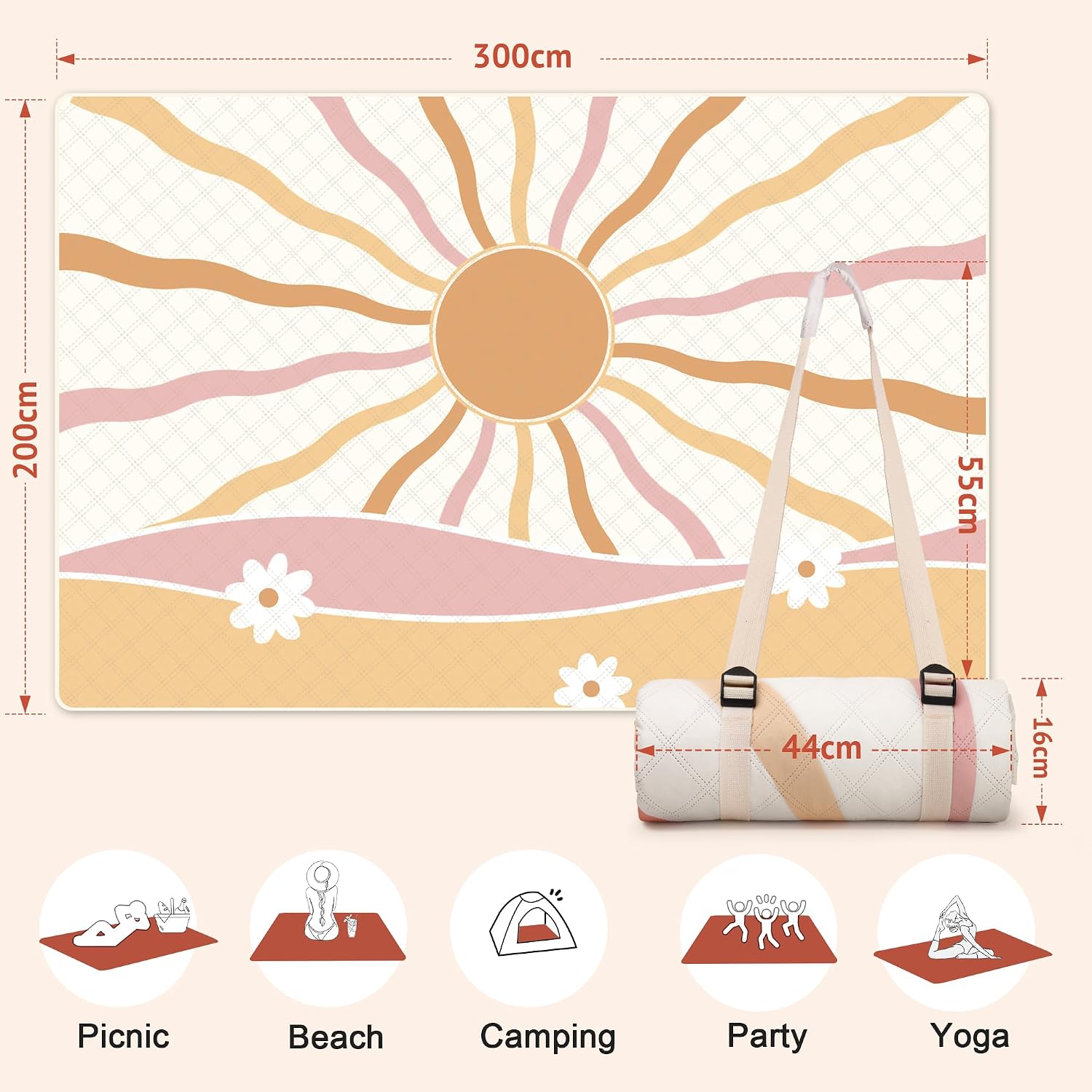 Detalle de LARUTAN Picknickdecke Sicilia 200 x 300 cm – wasserdicht, maschinenwaschbar, tragbare Stranddecke mit Tragegurt