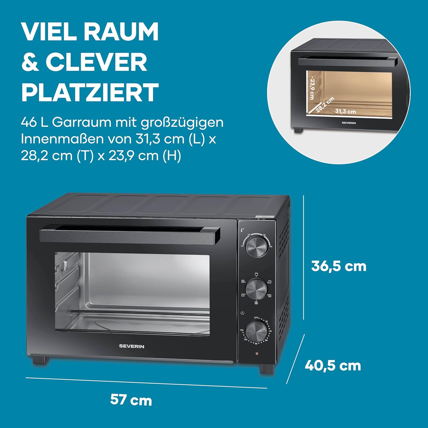 Detalle 2 de Severin TO 9025 Back- und Toastofen mit Umluftfunktion, 46 L Innenraum, Drehspieß & 1800 W