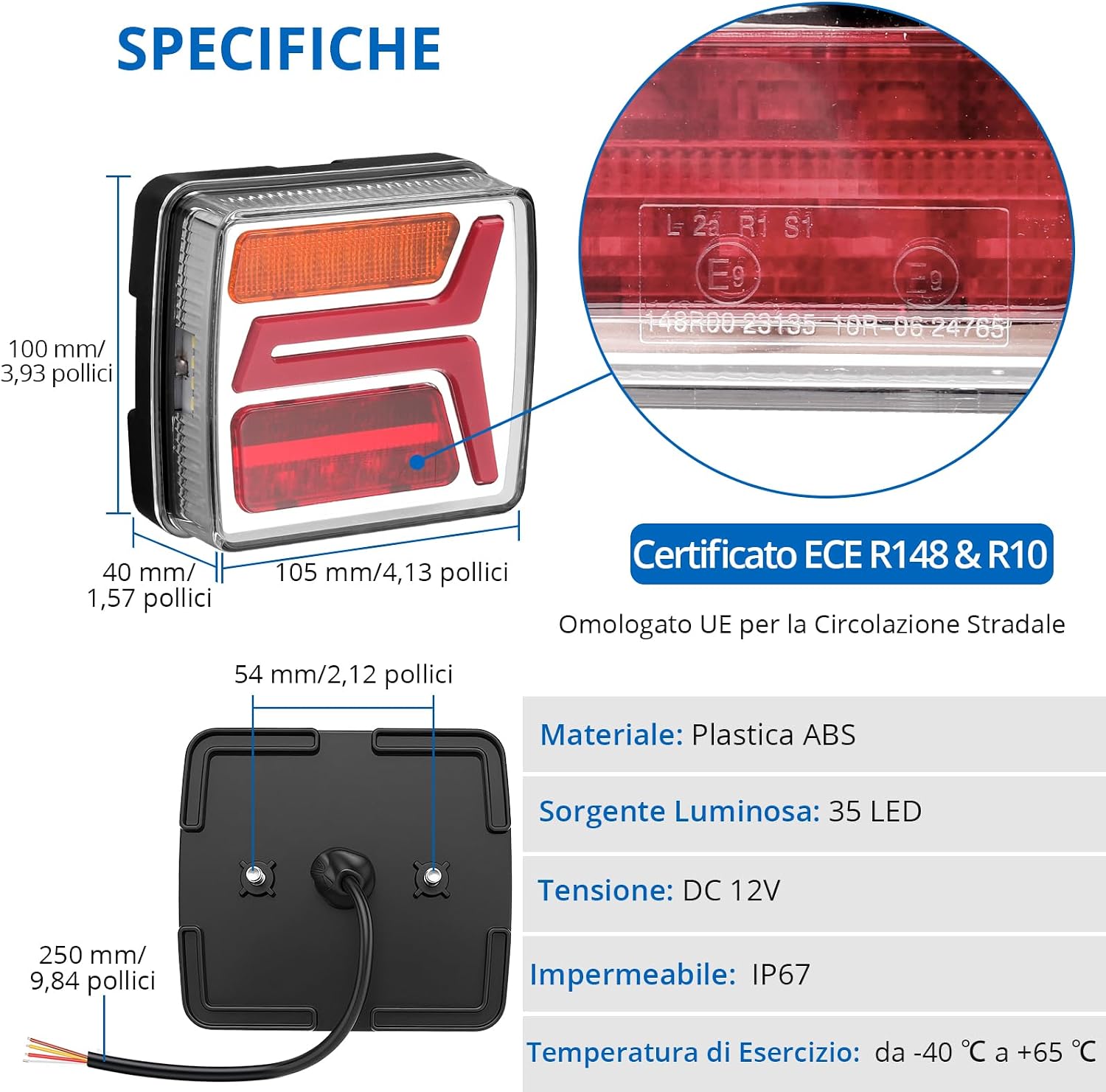 Detalle de DTEANJU 2x35 LED Luci Posteriori per Rimorchio IP67, Freno/Marcia Separati + Cavo 25 cm — Certificazione ECE R148/R10