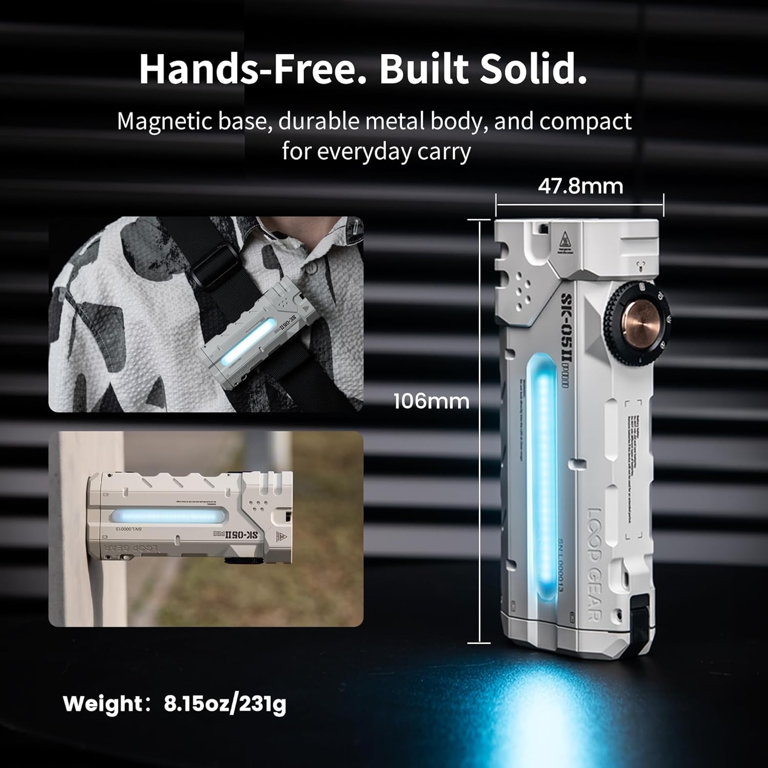 Detalle de LOOP GEAR SK05 Pro 2 EDC Torch: 5000LM Rechargeable Spotlight and Floodlight with High-CRI Side Light and RGB, IP68, 2x 4000mAh Batteries