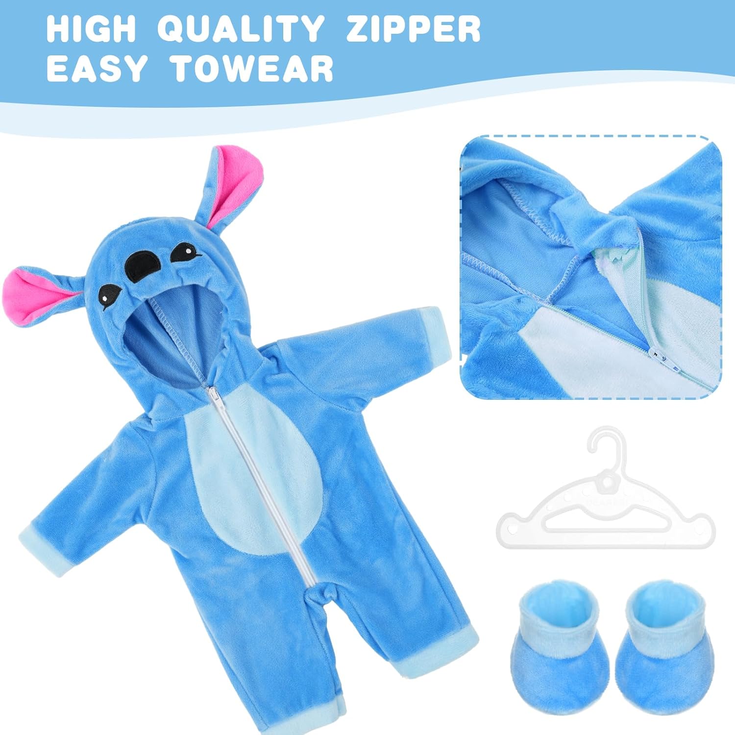 Thumbnail 4 de Aolso vestiti per bambole New Born Baby Doll: pagliaccetto blu con cappello, calzini e gruccia (per bambole 35–45 cm)