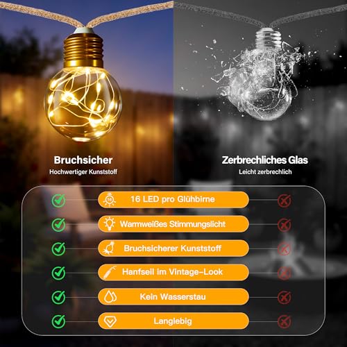 Detalle 2 de Ollny Solar Lichterkette Outdoor 8 m mit 16 LED Glühbirnen – warmweiß, 8 Modi