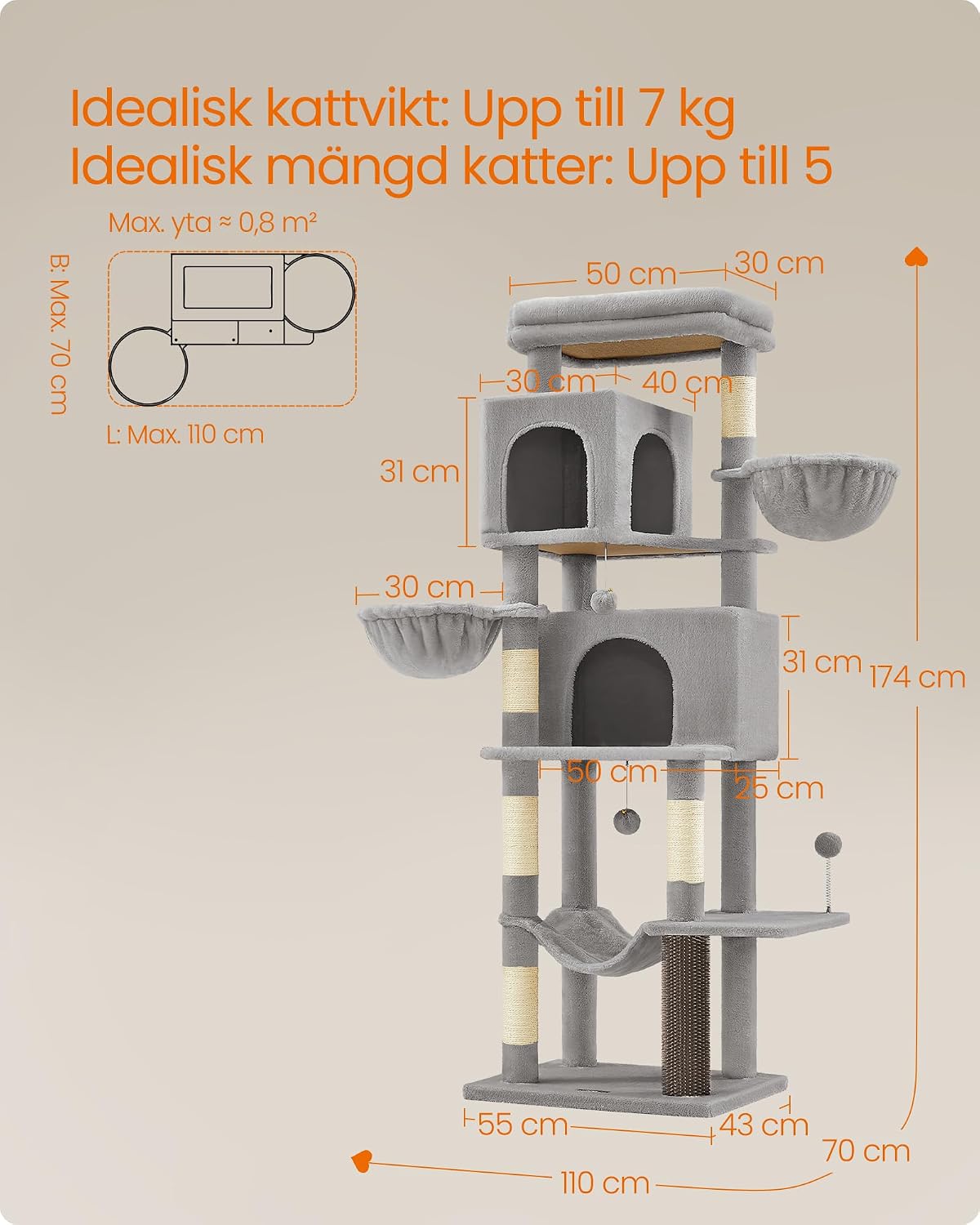 Thumbnail 6 de FEANDREA PCT182G01 katträd, 175 cm med två gömställen och hängmatta