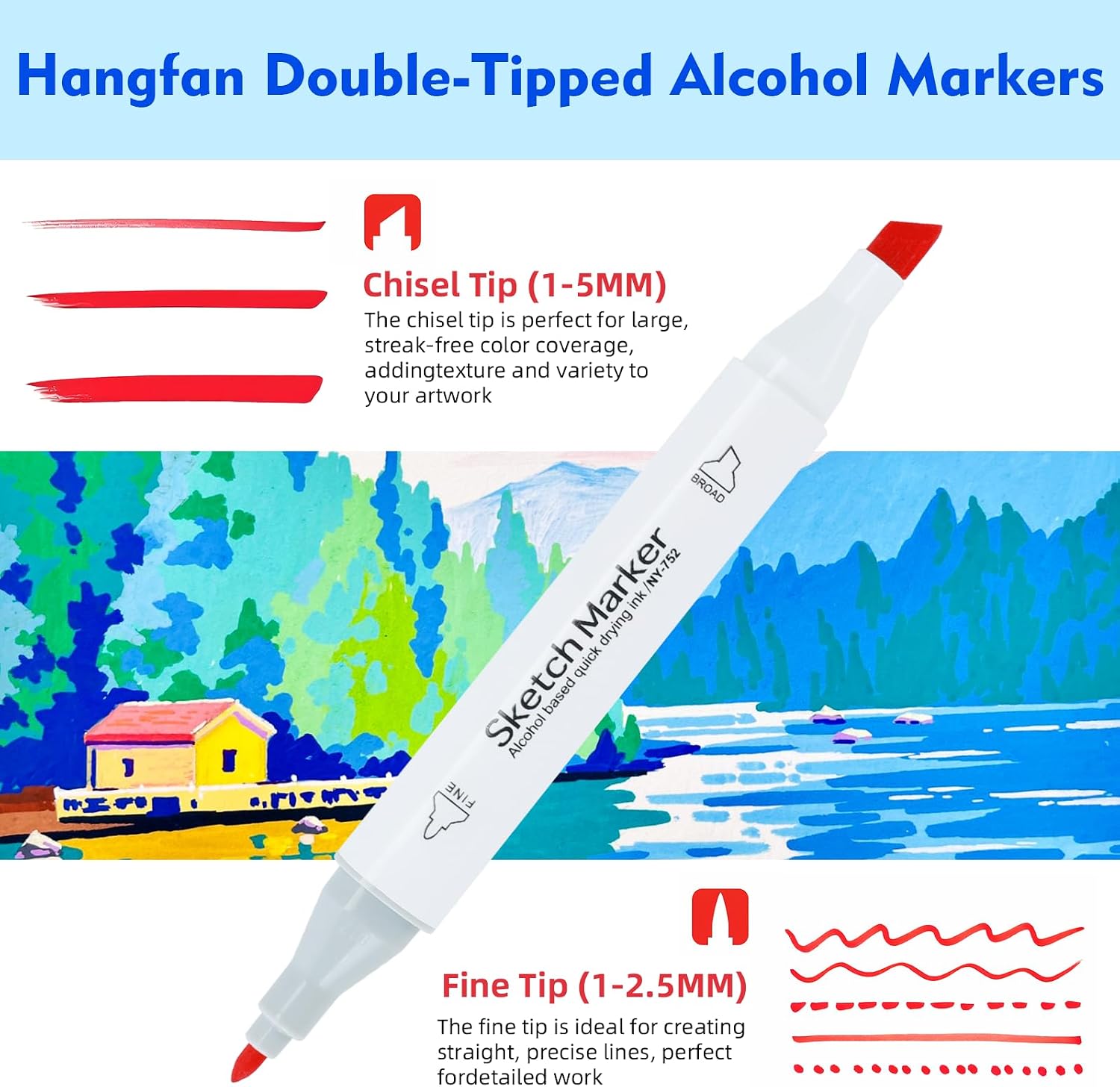 Detalle de HOMSAILMO Alcohol Based Markers Set (48 dual-tip permanent markers) with clear box