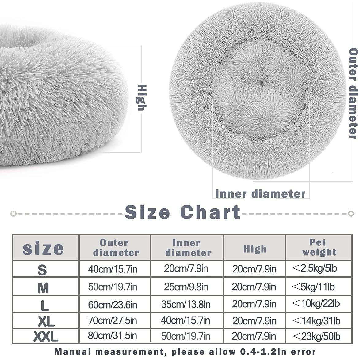 Detalle 2 de Nepfaivy Donut-Hundebett & Katzenbett aus Plüsch (flauschig, waschbar) in Hellgrau – XL ca. 70 cm