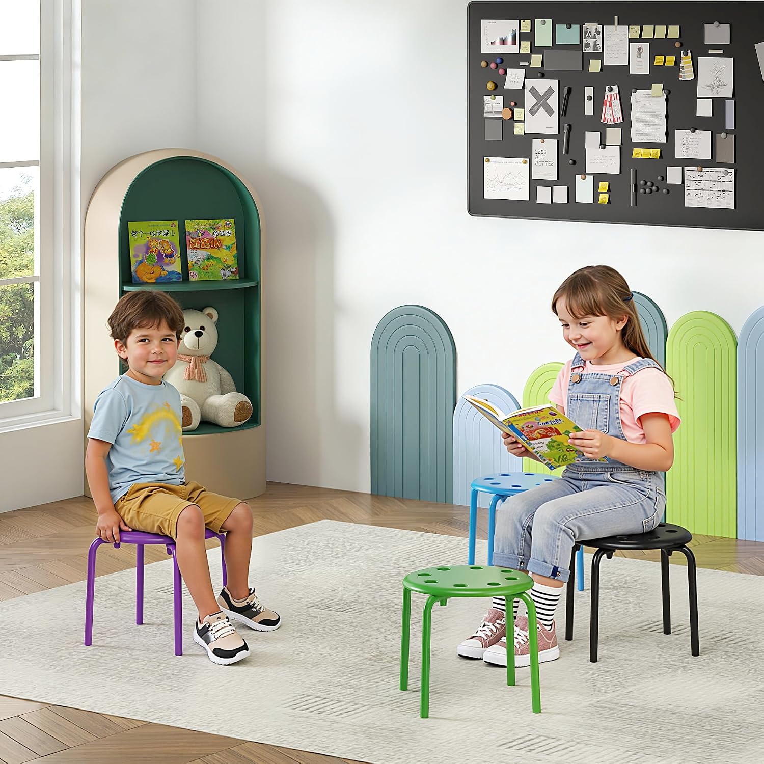 Detalle 2 de VECELO Stackable Stools, 8-Piece Green Set, 12-Inch Seats