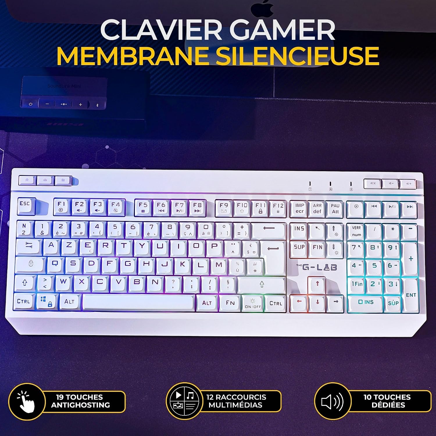 Detalle de The G-Lab Combo Tungsten EX : pack clavier souris Triple Connexion (2,4 GHz / Bluetooth / filaire) AZERTY FR RGB & macros + souris 6400 DPI (blanc)
